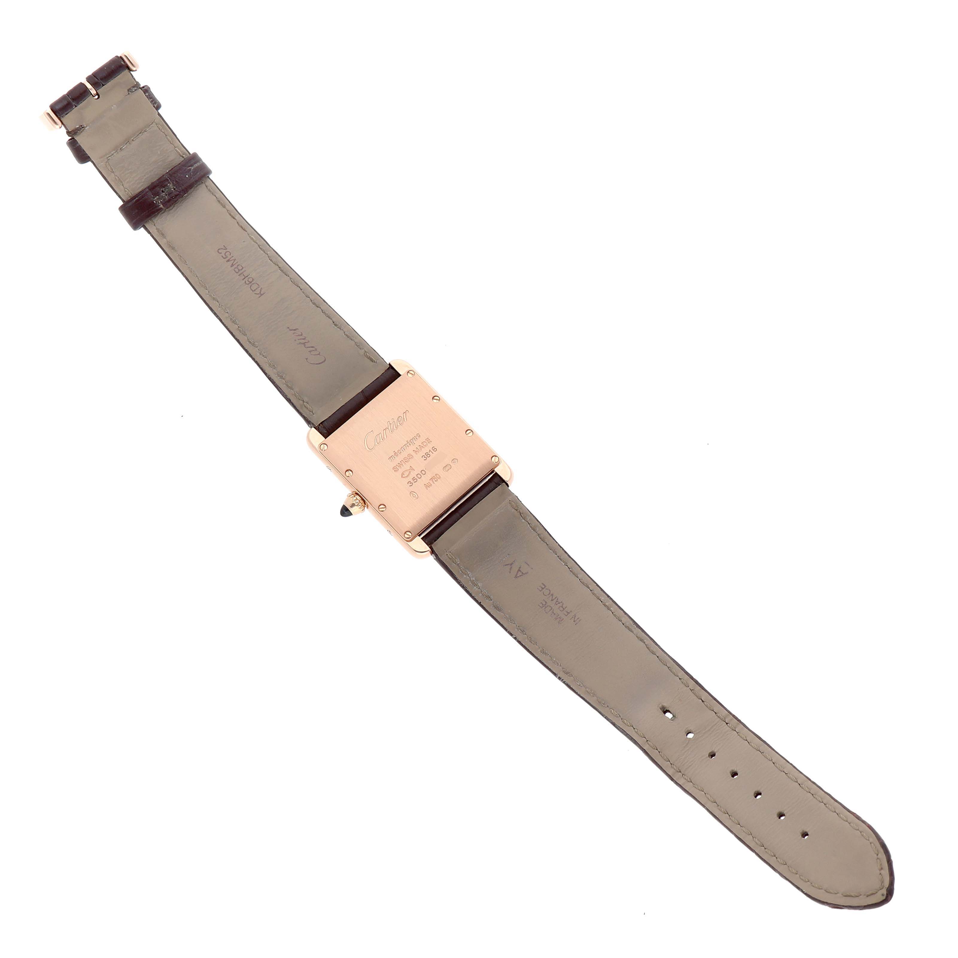 The image shows the back of a Cartier Tank Louis WGTA0011 Men's Rose Gold Silver Dial watch, highlighting the strap and case back details.