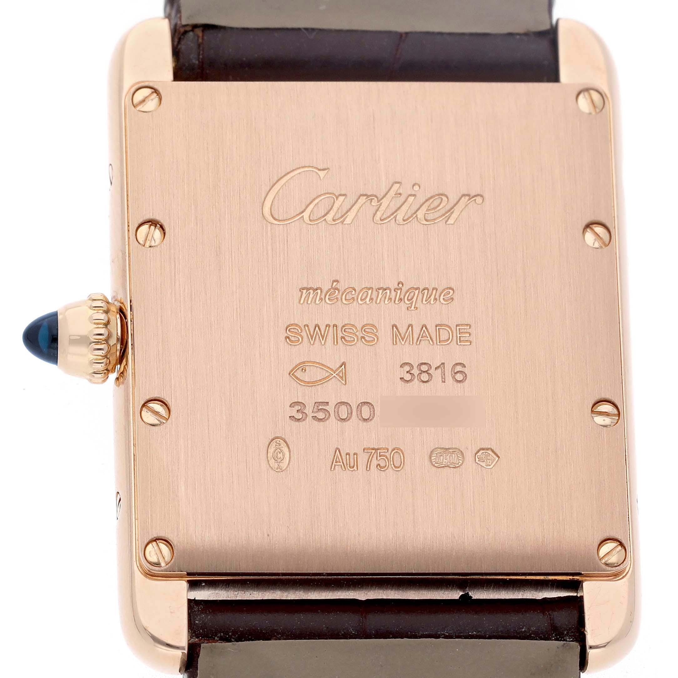 The image shows the back case of a Cartier Tank Louis WGTA0011 Men's Rose Gold Silver Dial watch, highlighting its engravings and crown.