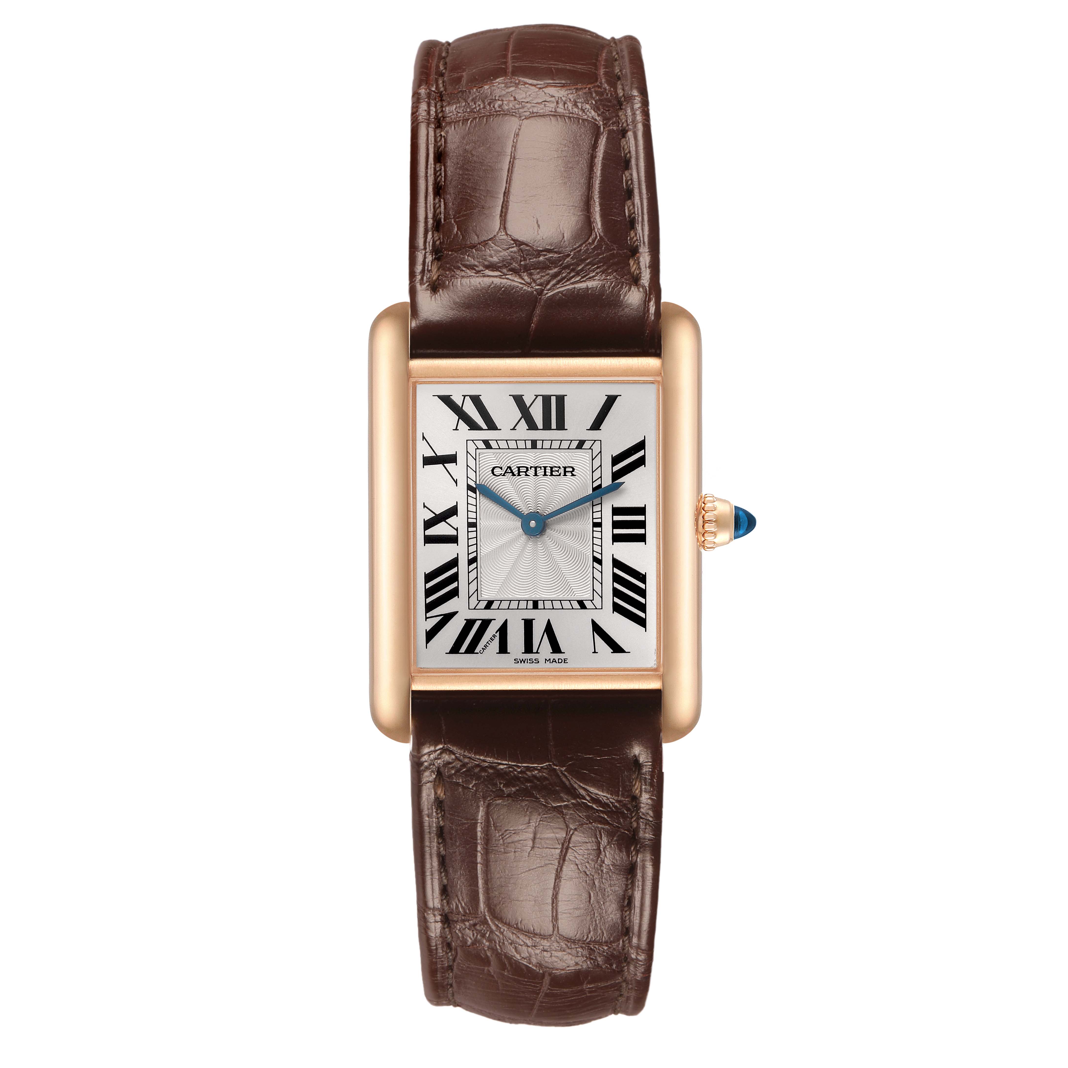 The Cartier Tank Louis WGTA0011 Men's Rose Gold Silver Dial watch is shown from the front, highlighting its rectangular face, Roman numerals, and brown leather strap.