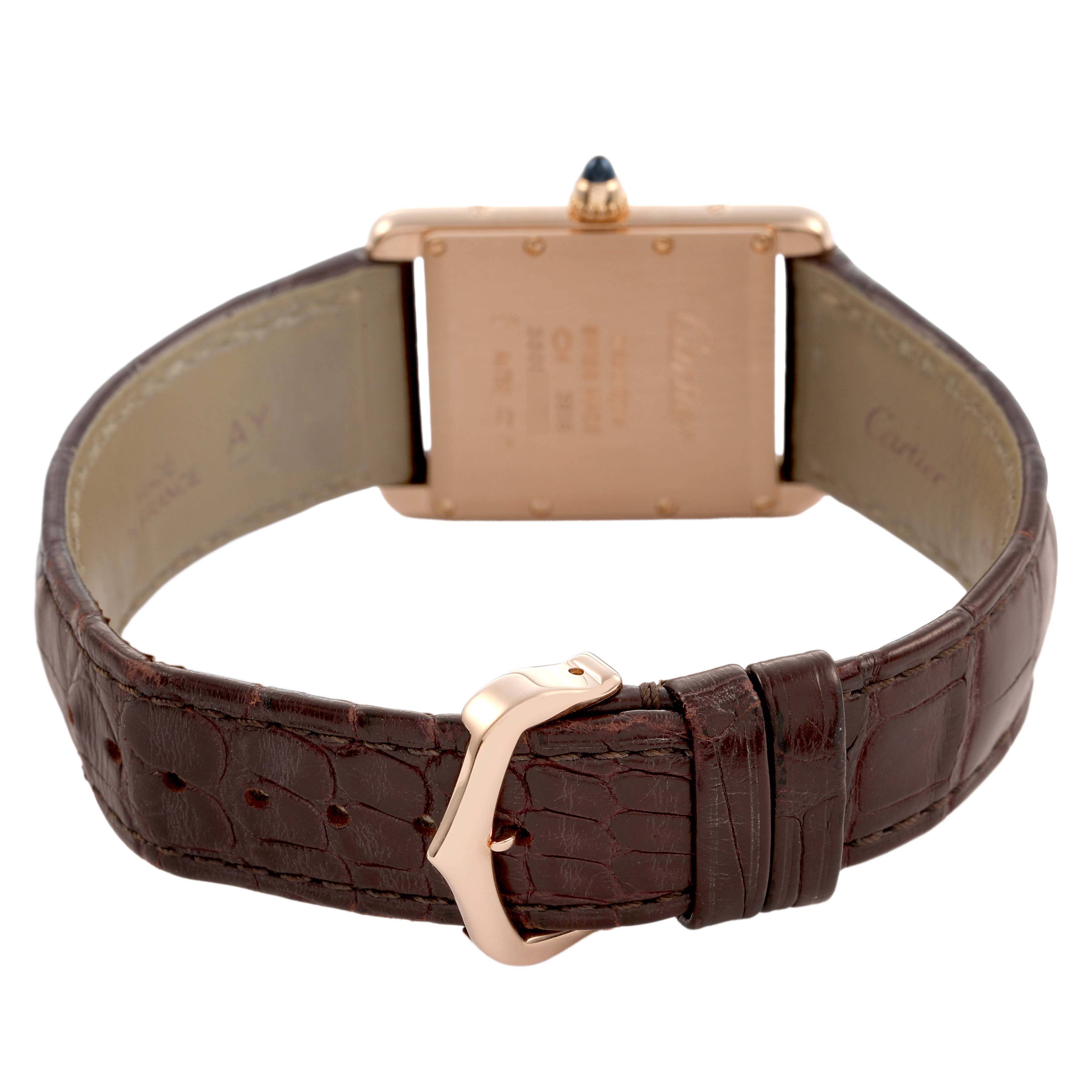 The Cartier Tank Louis WGTA0011 Men's Rose Gold Silver Dial watch is shown from the back, highlighting the case back, leather strap, and buckle.