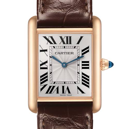 The Cartier Tank Louis WGTA0011 Men's Rose Gold Silver Dial watch is shown from the front, featuring its dial, Roman numerals, and brown leather strap.