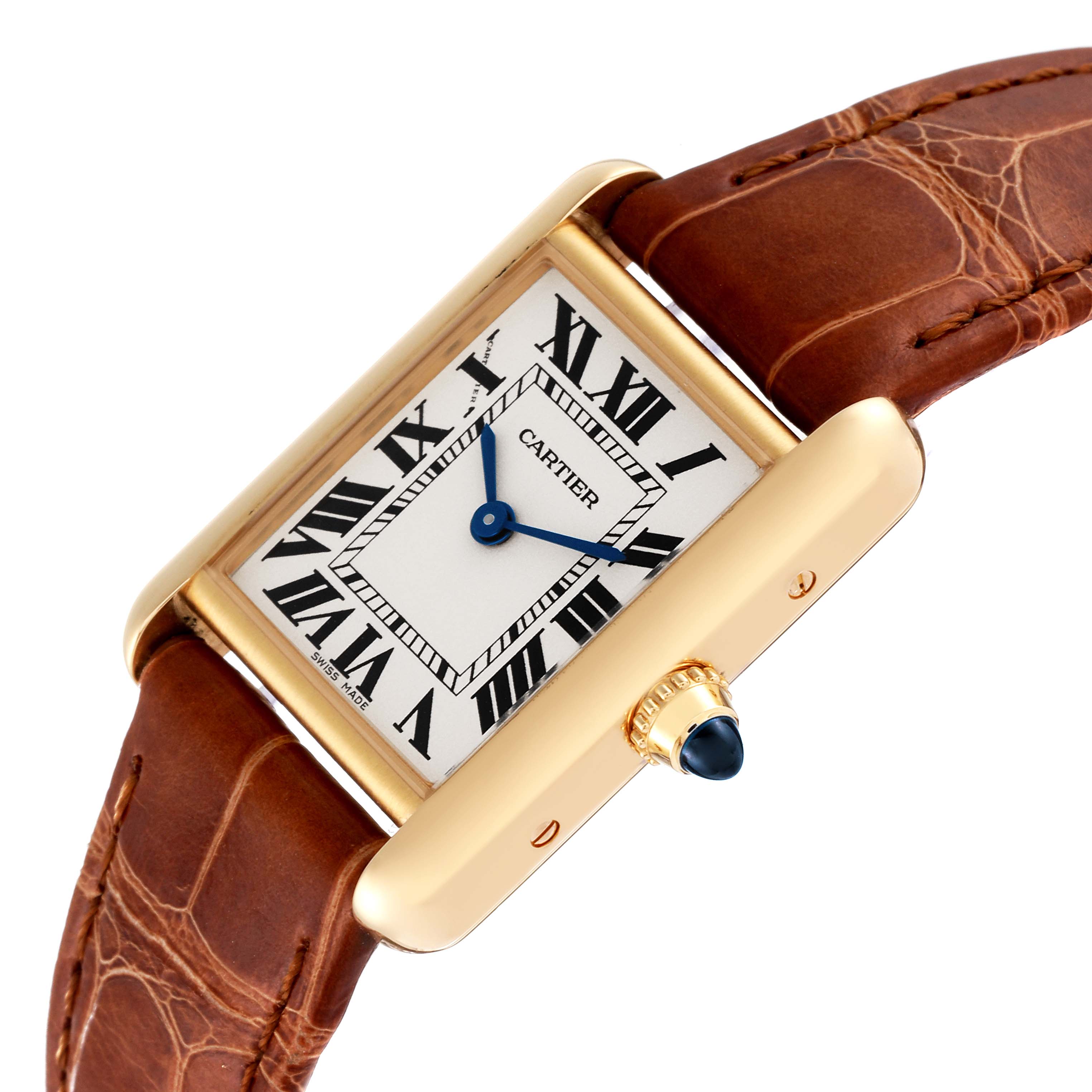 The image shows a Tank Louis watch by Cartier from an angle highlighting the face, crown, and part of the brown leather strap.