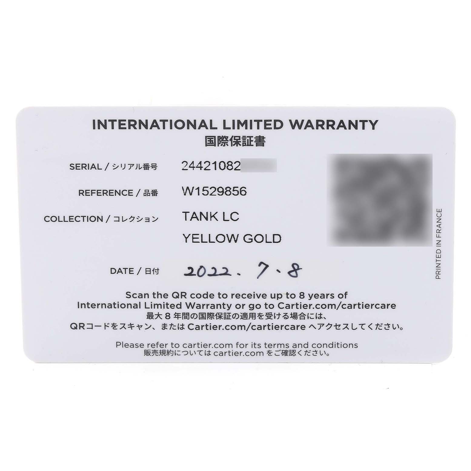 The image shows the international warranty card for the Tank Louis model by Cartier.