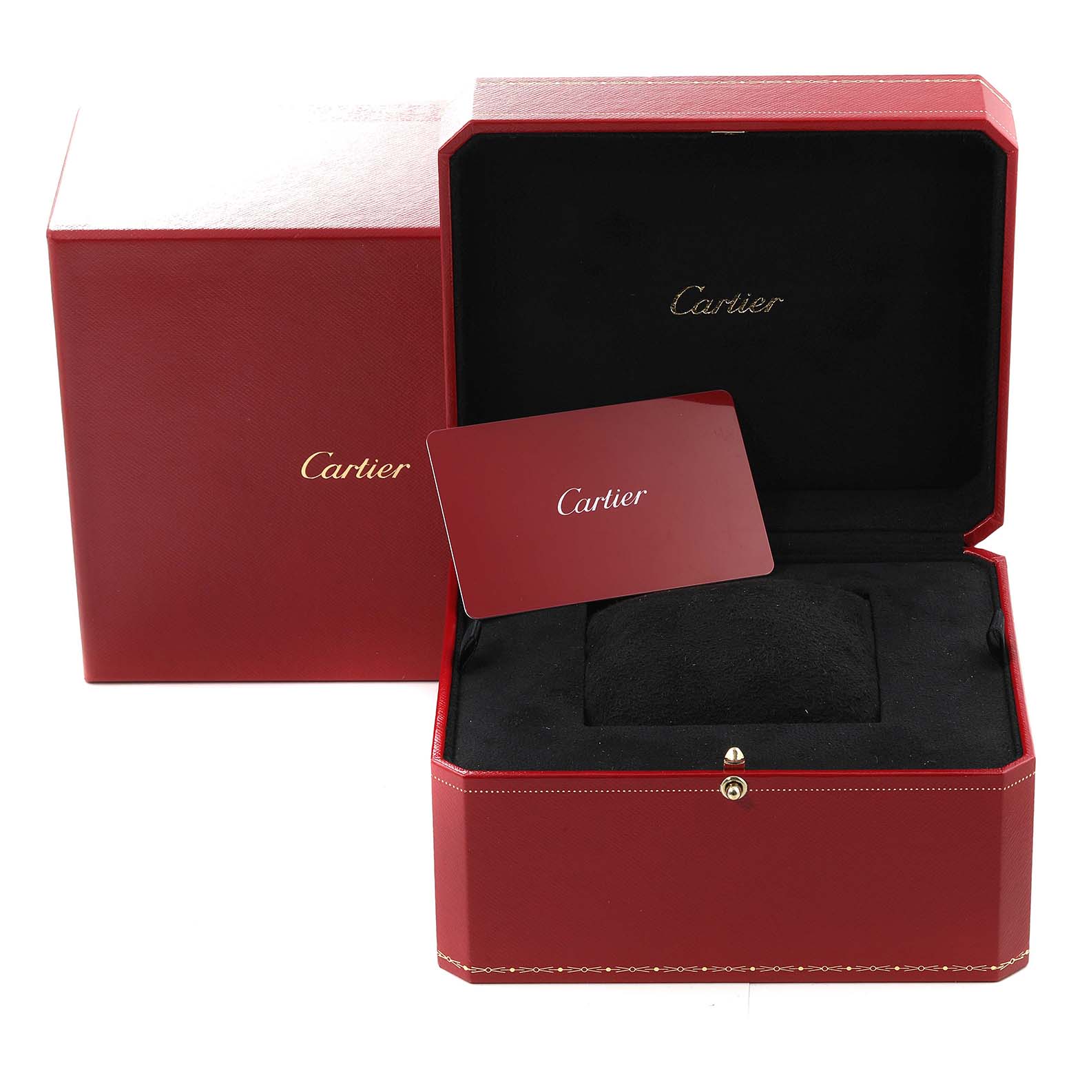 The image shows the packaging for a Cartier Tank Louis W1529856 Women's Yellow Gold Silver Dial W1529856 Women's Yellow Gold Silver Dial model, including a red box, inner case, and a Cartier card.