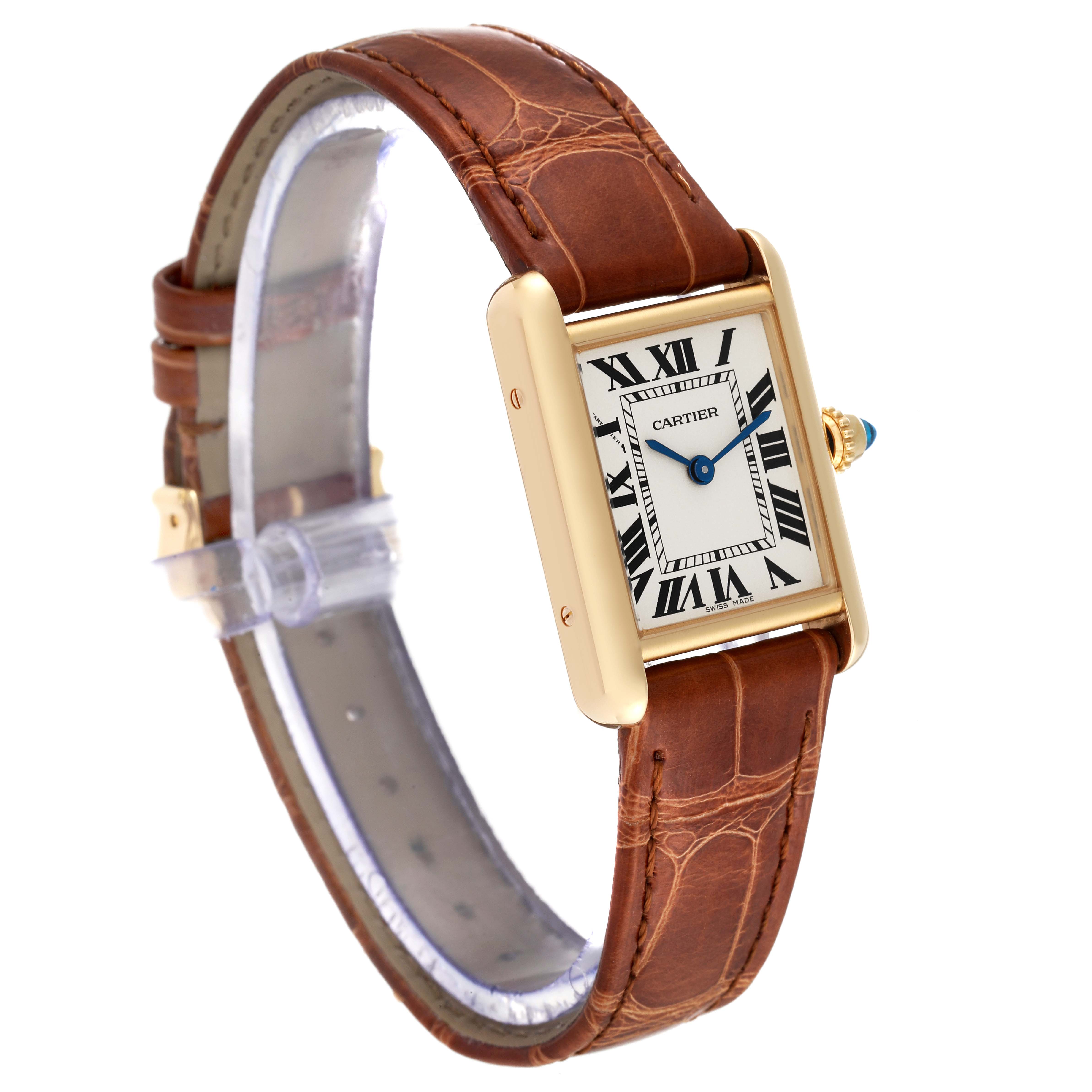 The image shows a Cartier Tank Louis W1529856 Women's Yellow Gold Silver Dial W1529856 Women's Yellow Gold Silver Dial watch at a three-quarter angle, highlighting the face, strap, and crown.