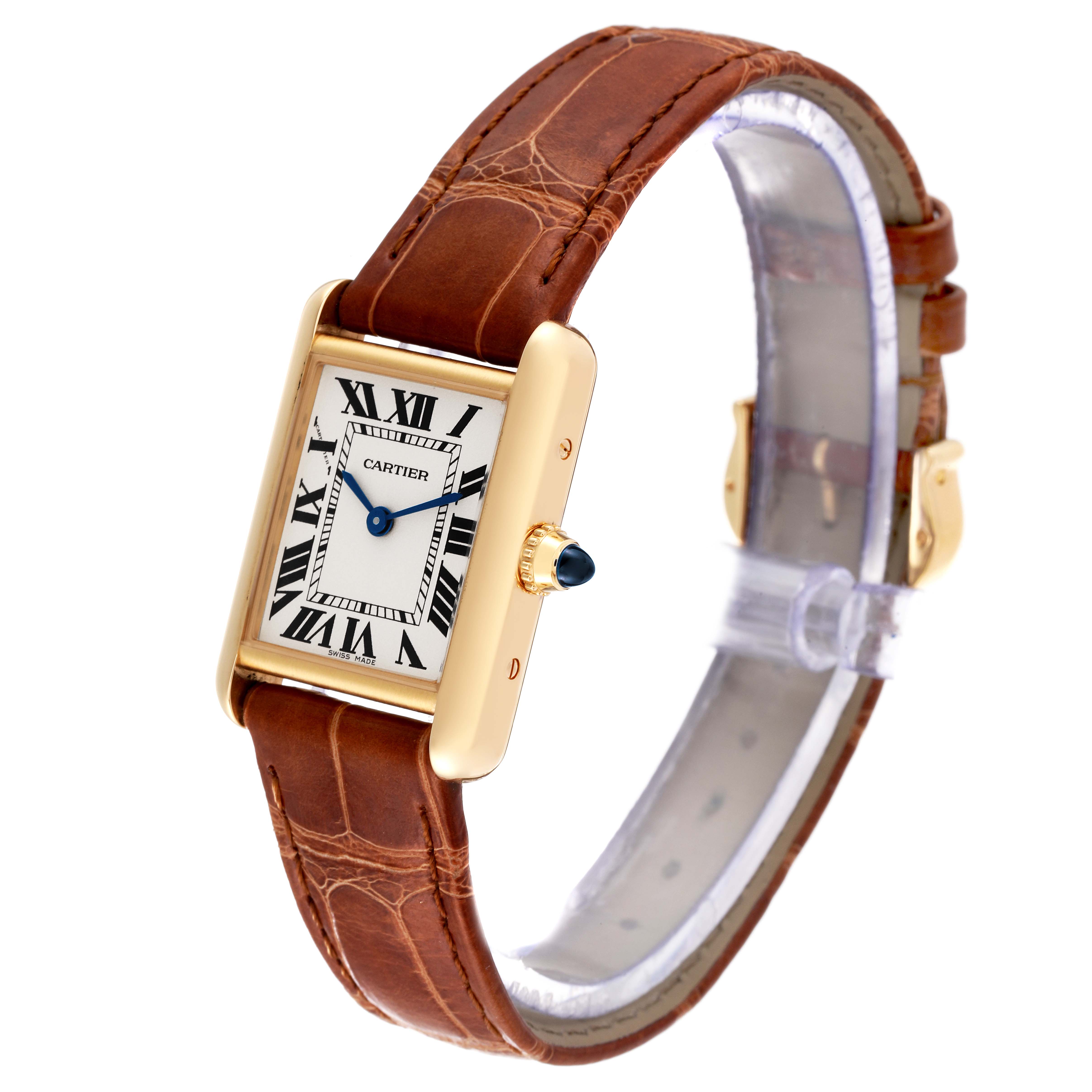 The Cartier Tank Louis W1529856 Women's Yellow Gold Silver Dial W1529856 Women's Yellow Gold Silver Dial watch is shown from an angle displaying its face, side profile, and leather strap.