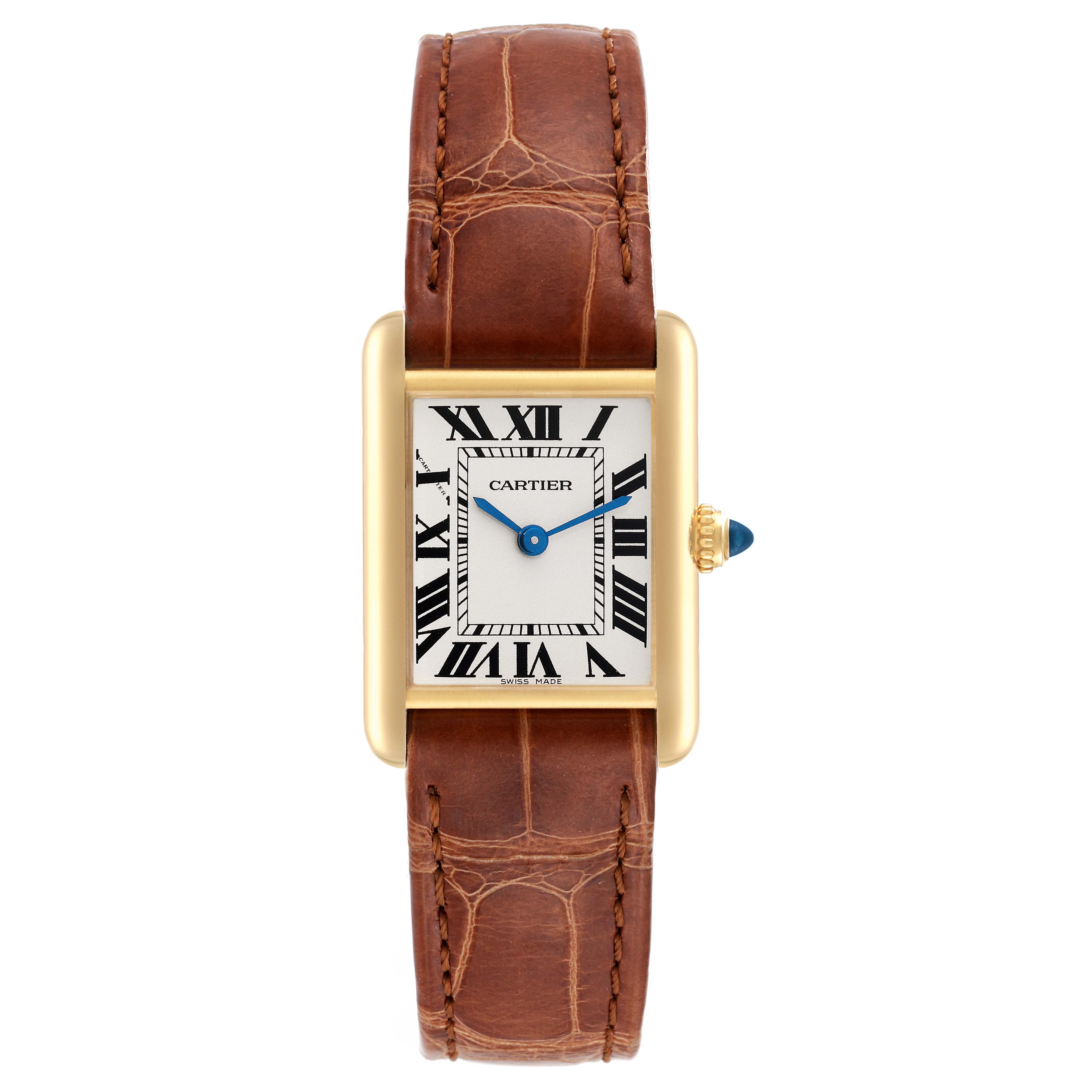 This image shows a frontal view of the Cartier Tank Louis W1529856 Women's Yellow Gold Silver Dial W1529856 Women's Yellow Gold Silver Dial watch, featuring the face, bezel, and leather strap.