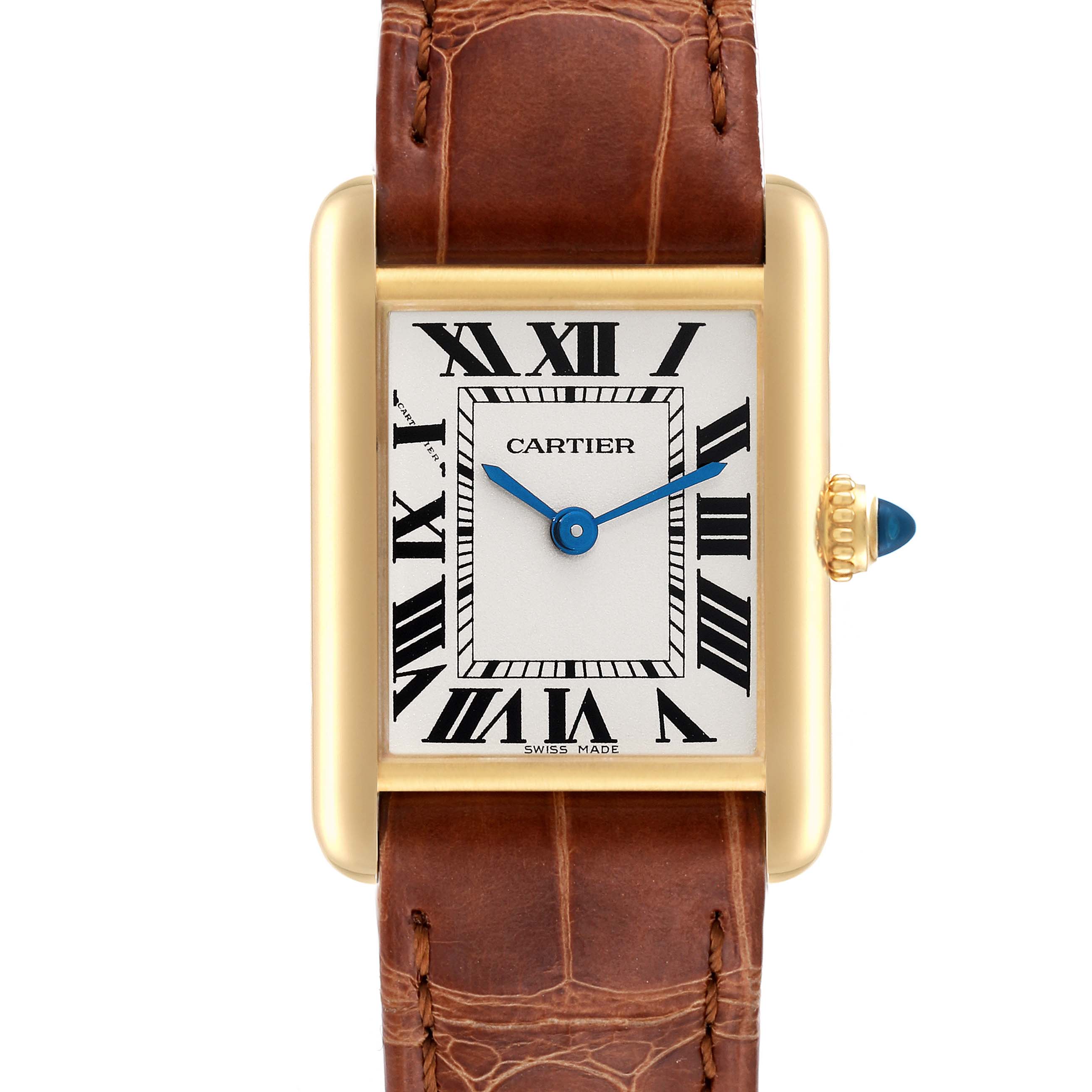 The image shows a front view of a Cartier Tank Louis W1529856 Women's Yellow Gold Silver Dial W1529856 Women's Yellow Gold Silver Dial watch, displaying its rectangular gold case, white dial with Roman numerals, blue hands, and brown leather strap.