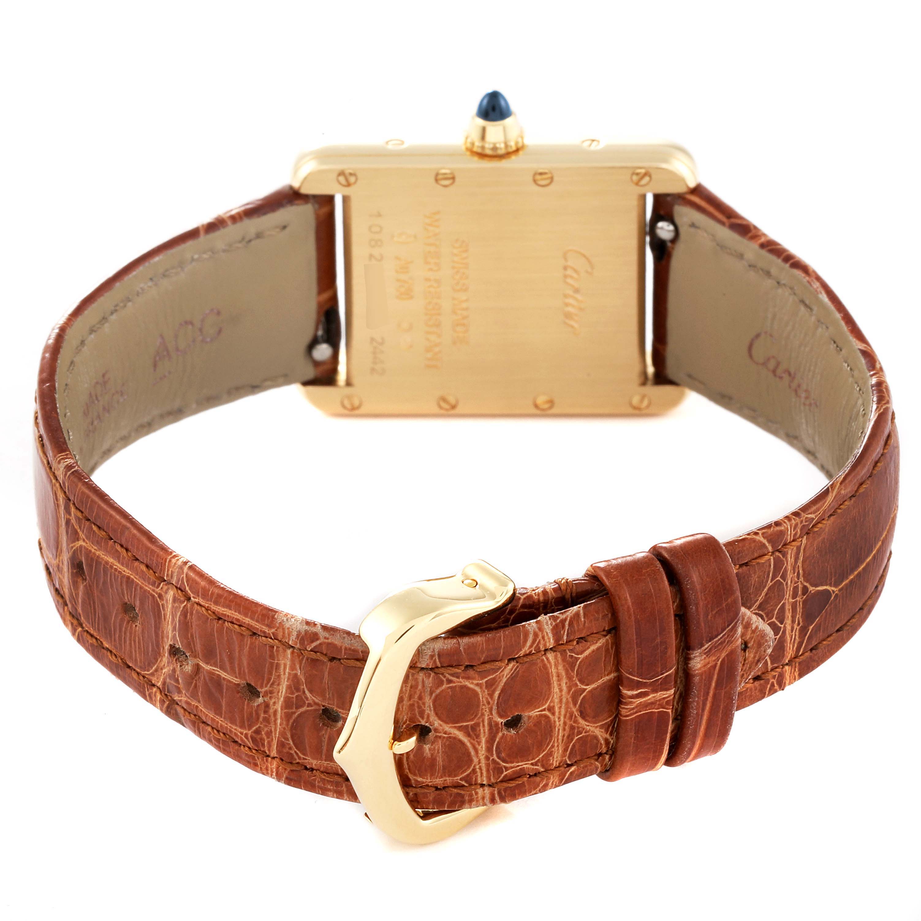 The image shows the back of the Cartier Tank Louis W1529856 Women's Yellow Gold Silver Dial W1529856 Women's Yellow Gold Silver Dial watch, including the strap and buckle.