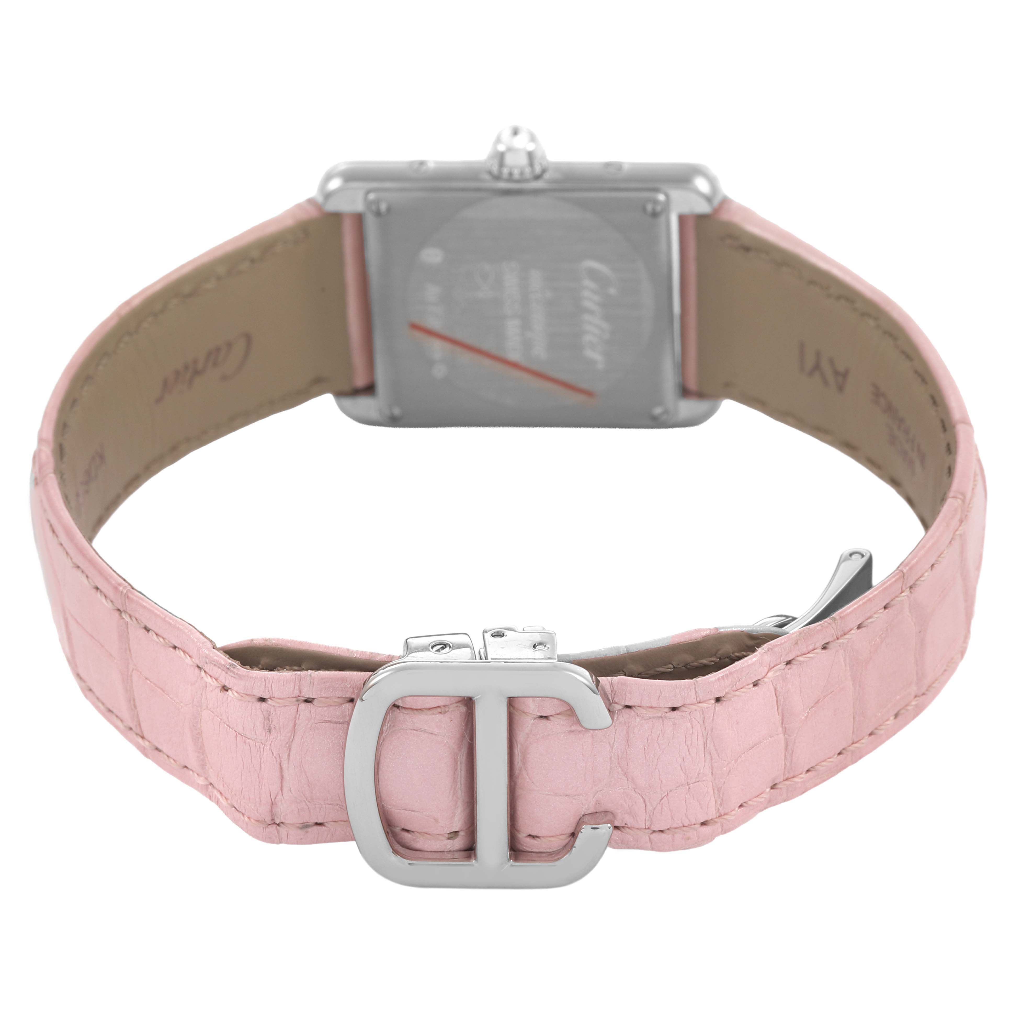 The Cartier Tank Louis WJTA0011 Women's White Gold Silver Dial watch is shown from the back, highlighting the case back, crown, and pink leather strap with a clasp.