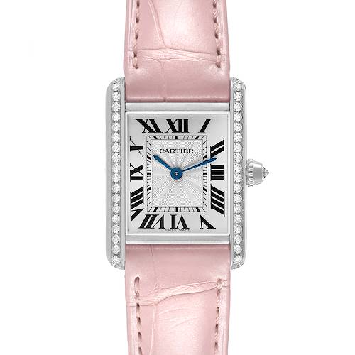 The Cartier Tank Louis WJTA0011 Women's White Gold Silver Dial watch is shown from the front, displaying its rectangular face, diamond-set bezel, and pink leather strap.