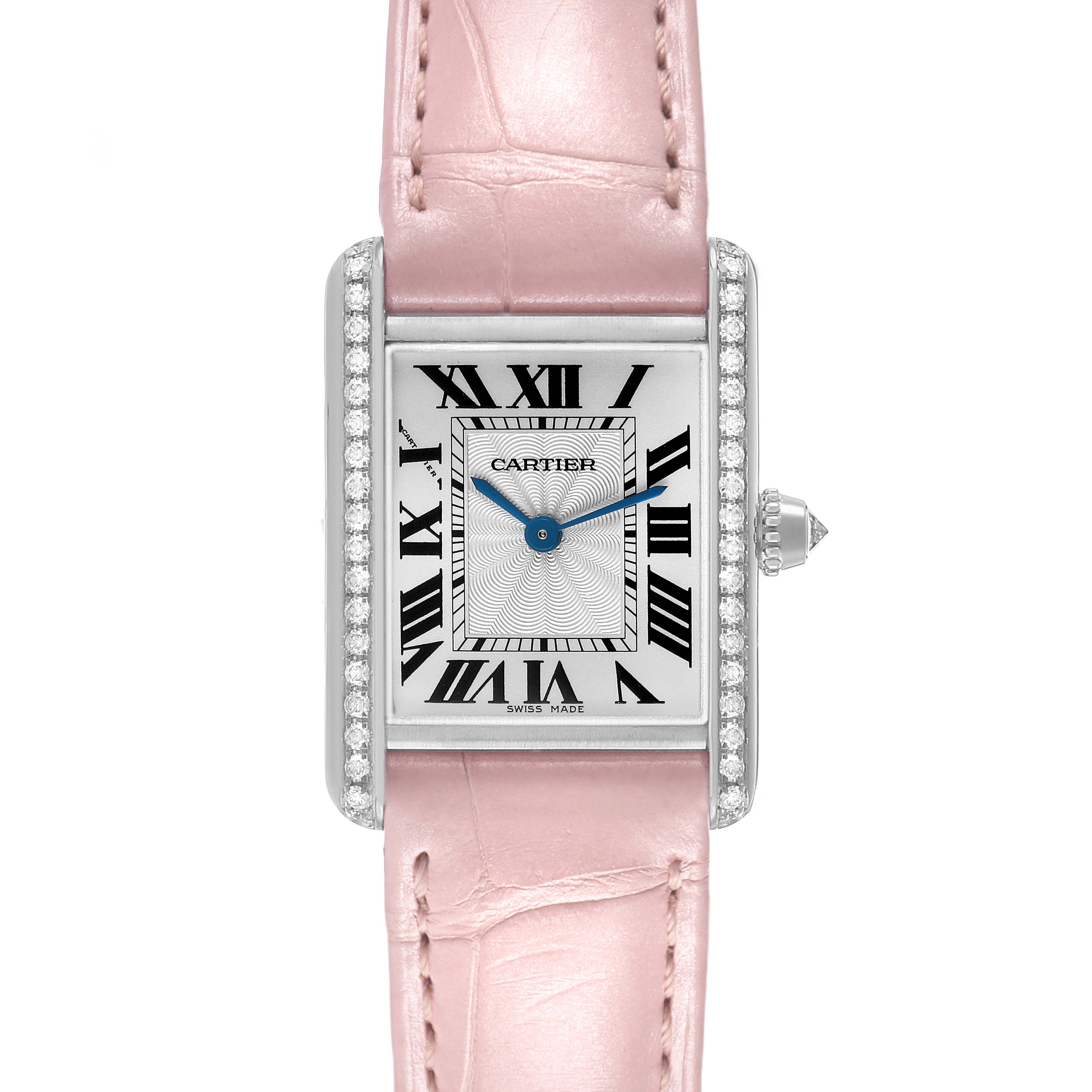 The Cartier Tank Louis WJTA0011 Women's White Gold Silver Dial watch is shown from a front view, highlighting the face, pink leather strap, and diamond-set bezel.