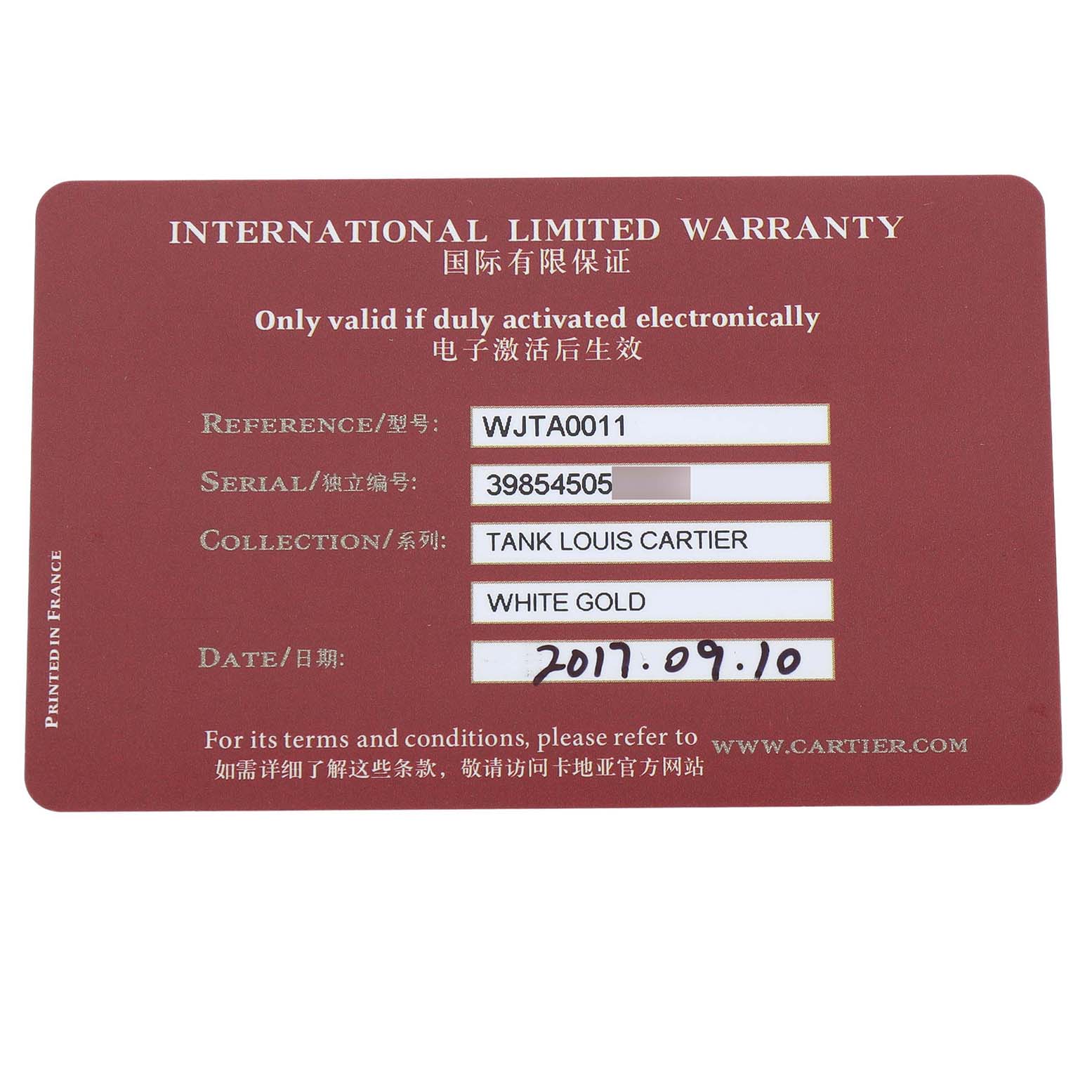 The image shows the International Limited Warranty card for the Tank Louis model by Cartier.
