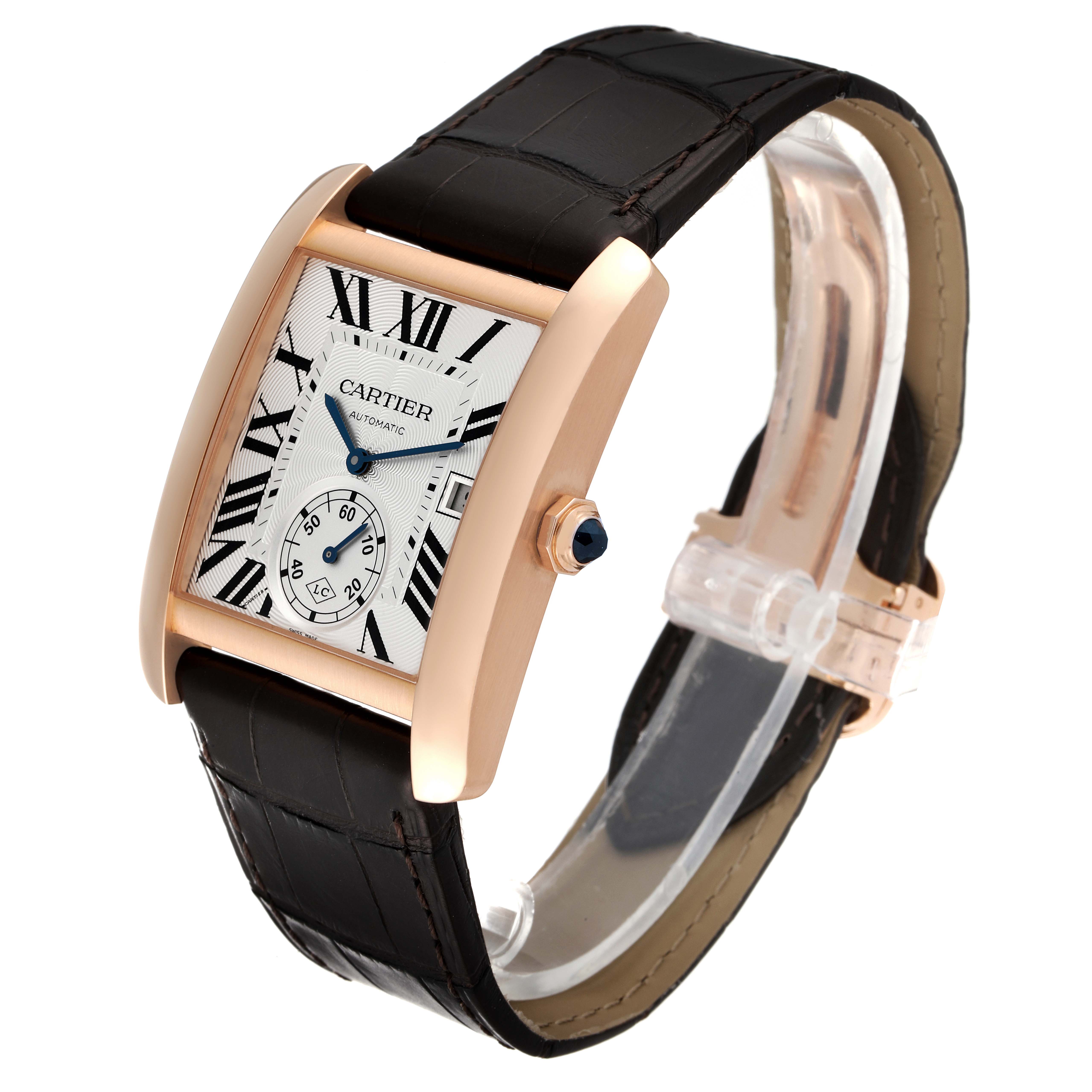 The image shows a Cartier Tank MC W5330001 Men
s Rose Gold Silver Dial W5330001 Men
s Rose Gold Silver Dial watch from a three-quarter angle, highlighting the face, case, crown, and strap.