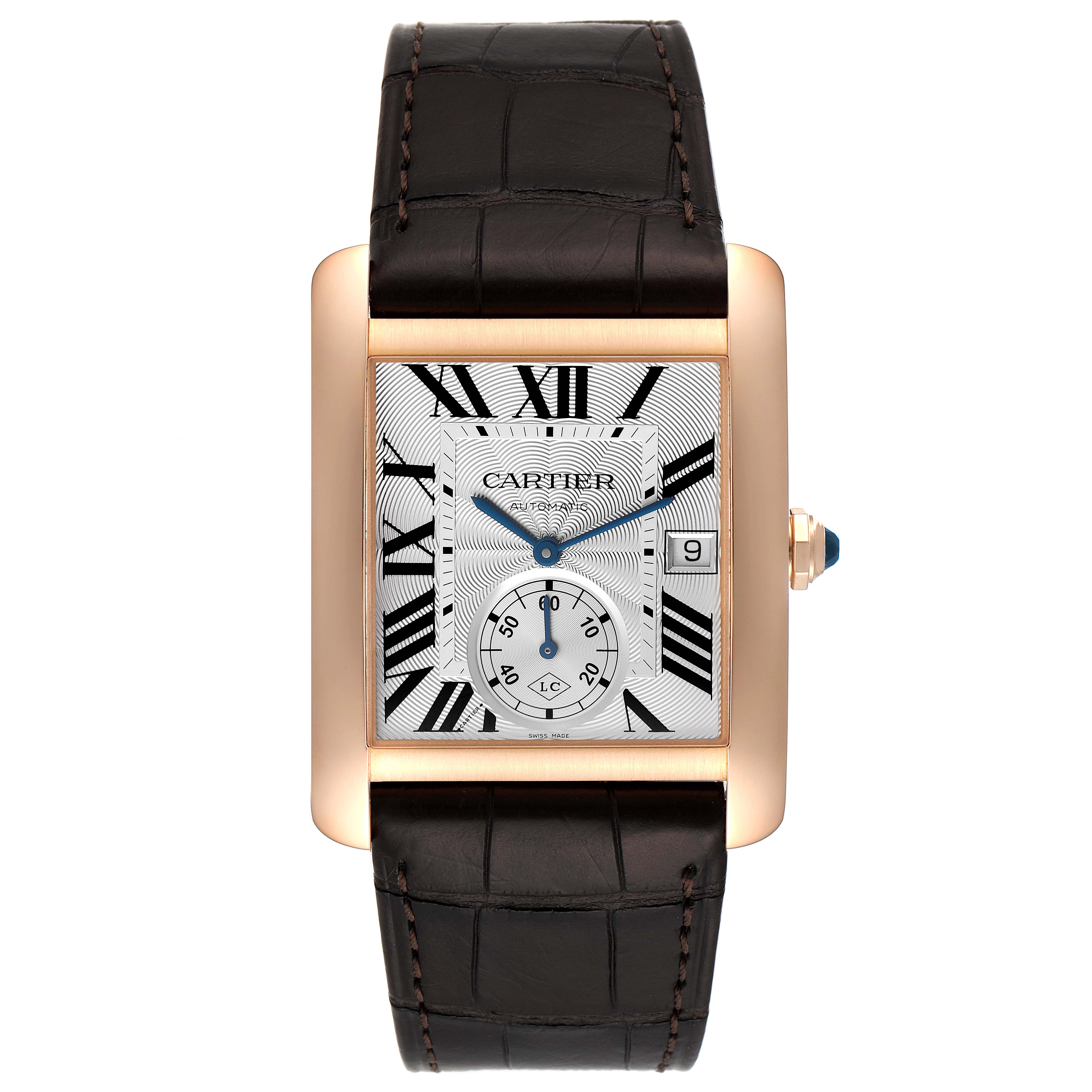 This Cartier Tank MC W5330001 Men
s Rose Gold Silver Dial W5330001 Men
s Rose Gold Silver Dial watch is shown from the front, displaying its rectangular face, Roman numerals, and leather strap.