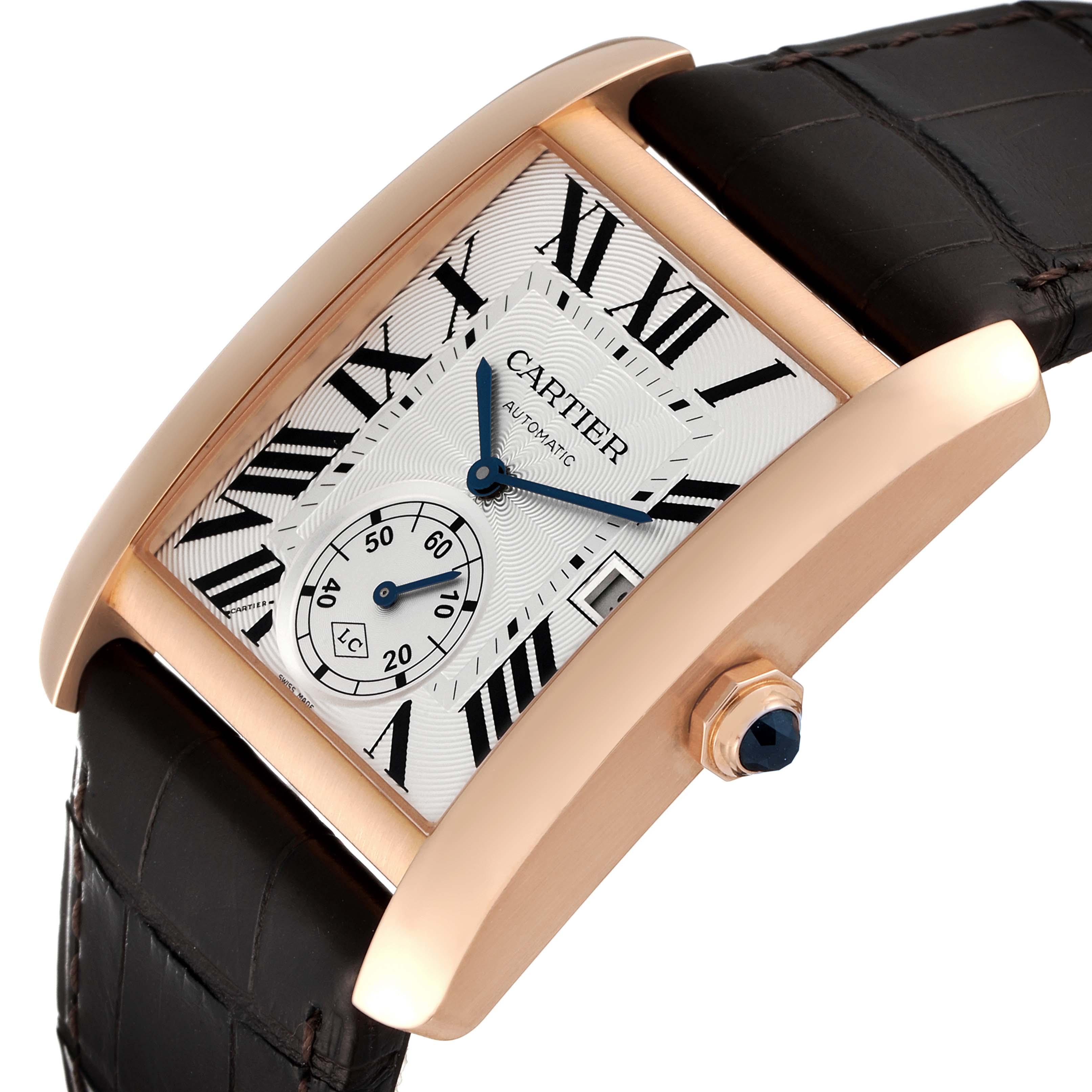 The Cartier Tank MC W5330001 Men
s Rose Gold Silver Dial W5330001 Men
s Rose Gold Silver Dial watch is shown at a tilted angle, highlighting the dial, crown, and leather strap.