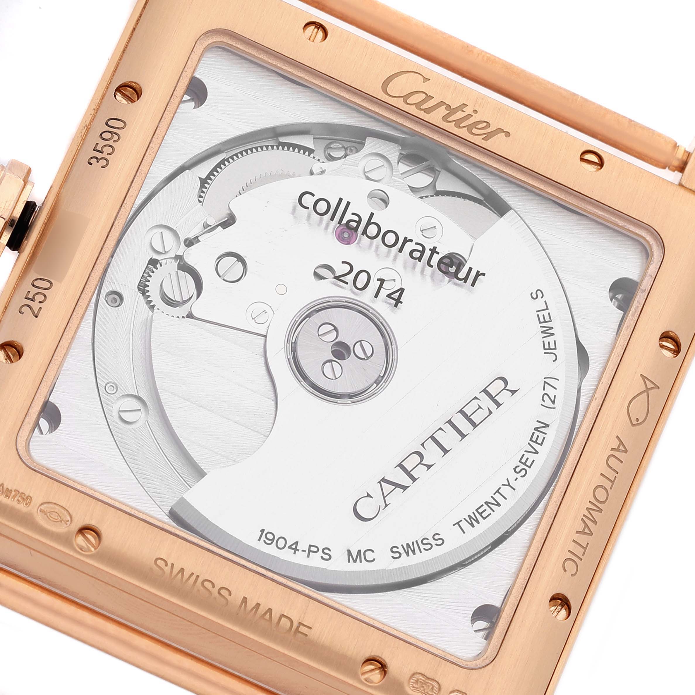 This image shows the back side of the Cartier Tank MC W5330001 Men
s Rose Gold Silver Dial W5330001 Men
s Rose Gold Silver Dial watch, highlighting the automatic movement mechanism.
