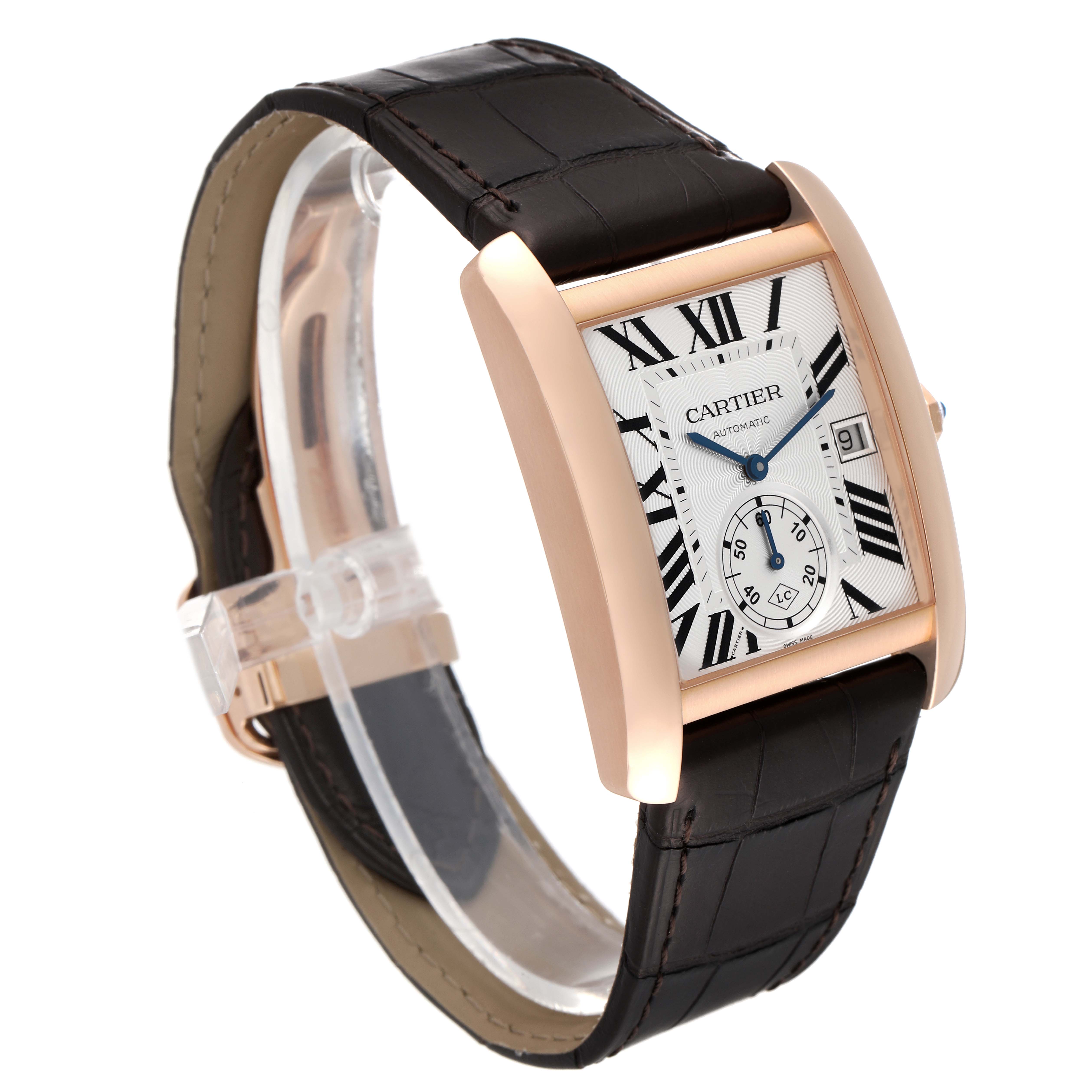 The Cartier Tank MC W5330001 Men
s Rose Gold Silver Dial W5330001 Men
s Rose Gold Silver Dial watch is shown at a slight angle, highlighting the face, strap, and side view with visible crown detail.