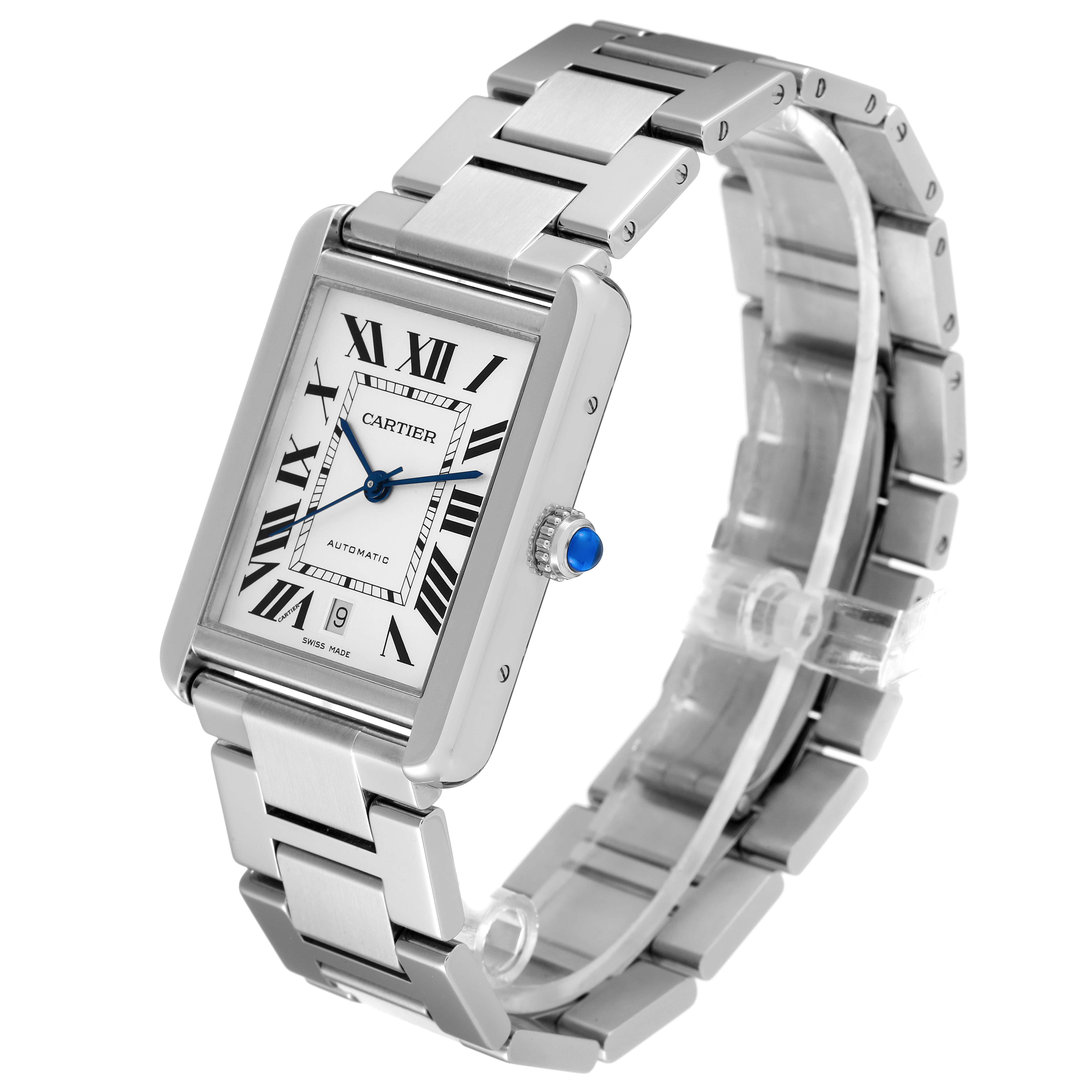 The image shows a side angle of the Cartier Tank Solo W5200028 Men's Stainless Steel Silver Dial W5200028 Men's Stainless Steel Silver Dial watch, displaying the case, dial, bracelet, and crown with a blue cabochon.