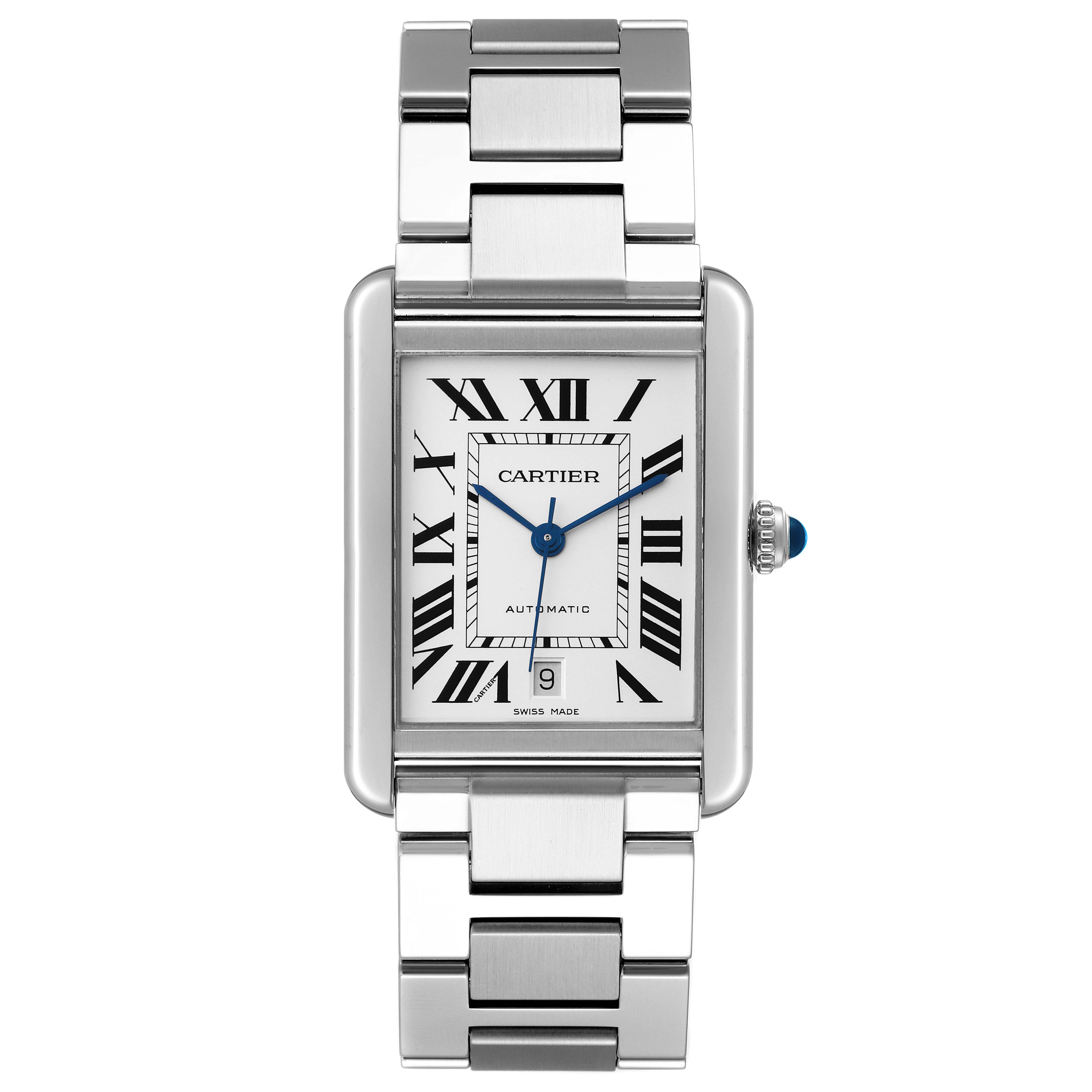 The image shows a front view of a Tank Solo model by Cartier, featuring its rectangular dial, Roman numerals, and metal bracelet.