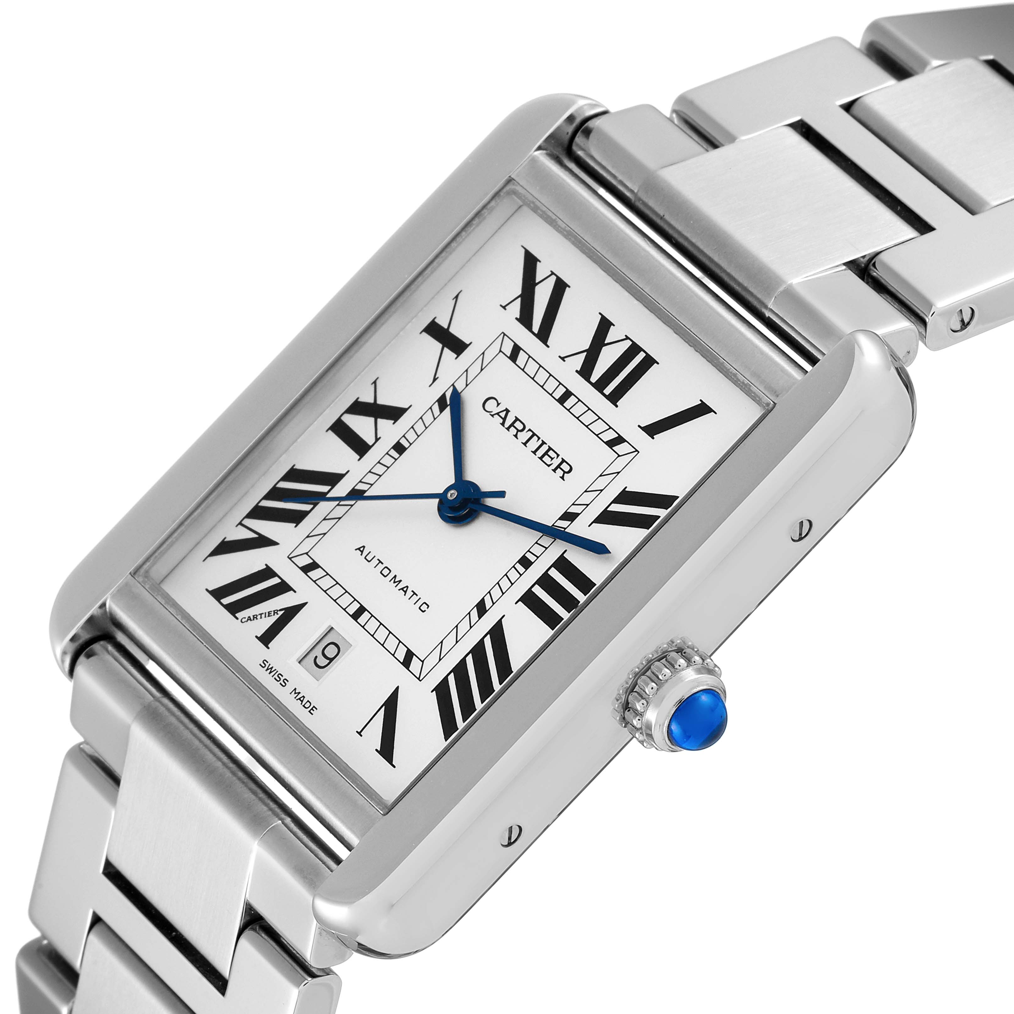 The image shows a Cartier Tank Solo W5200028 Men's Stainless Steel Silver Dial W5200028 Men's Stainless Steel Silver Dial watch at an angle, highlighting the face, crown with a blue gemstone, and part of the metal bracelet.