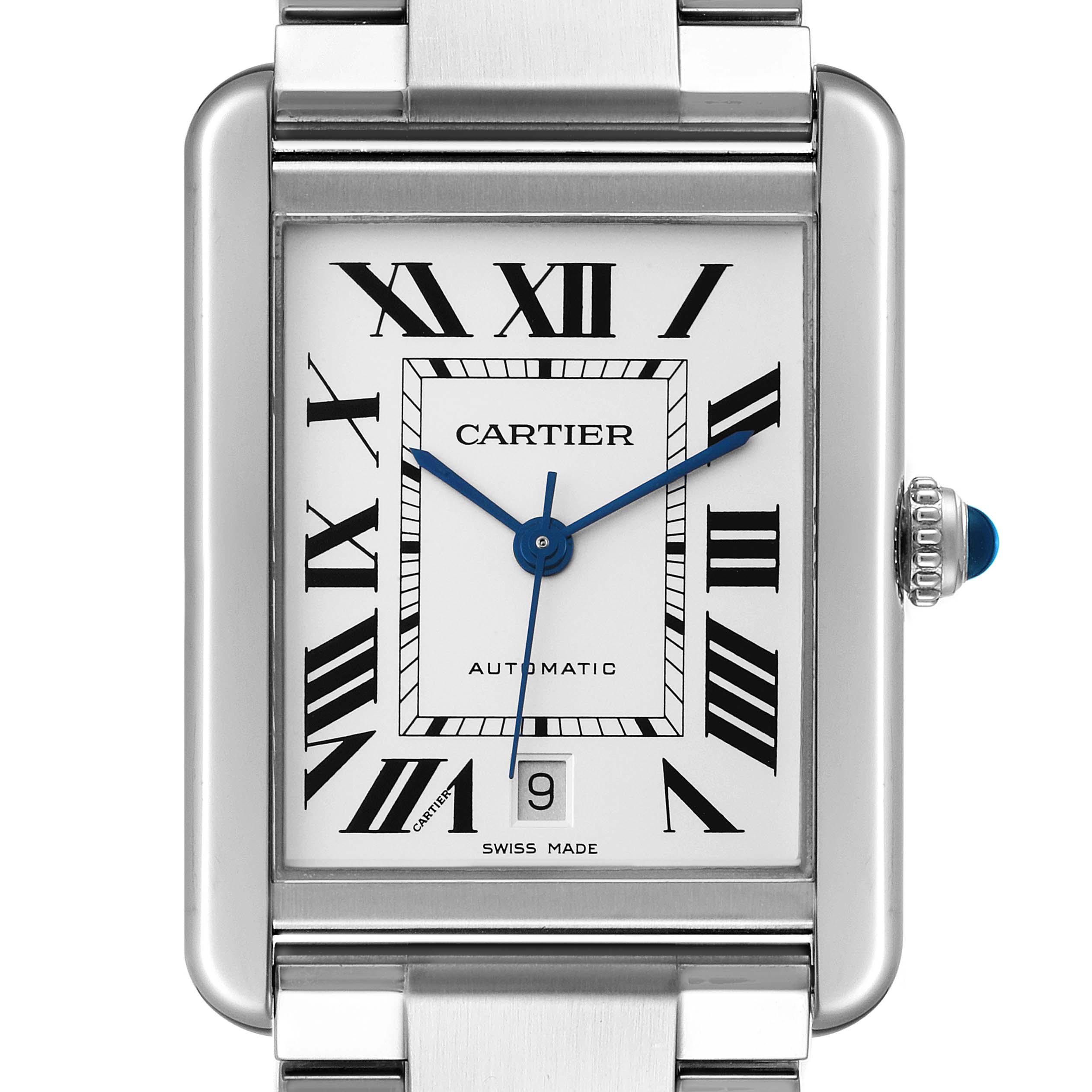 This image shows a close-up of the face and bezel of the Cartier Tank Solo W5200028 Men's Stainless Steel Silver Dial W5200028 Men's Stainless Steel Silver Dial watch, including its crown with a blue detail.
