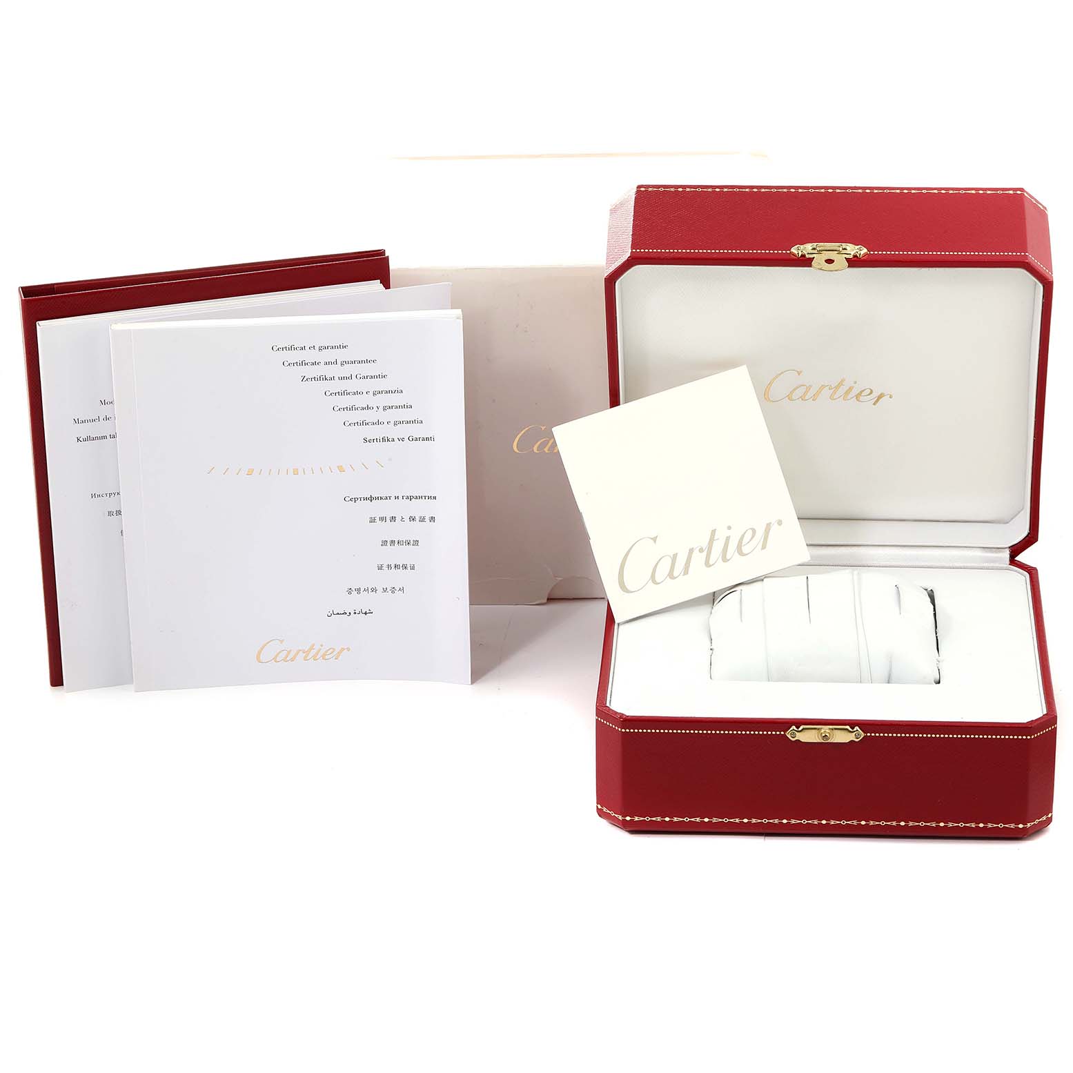 The image shows the Tank Solo Cartier watch packaging including the box, pillow, and accompanying documents.