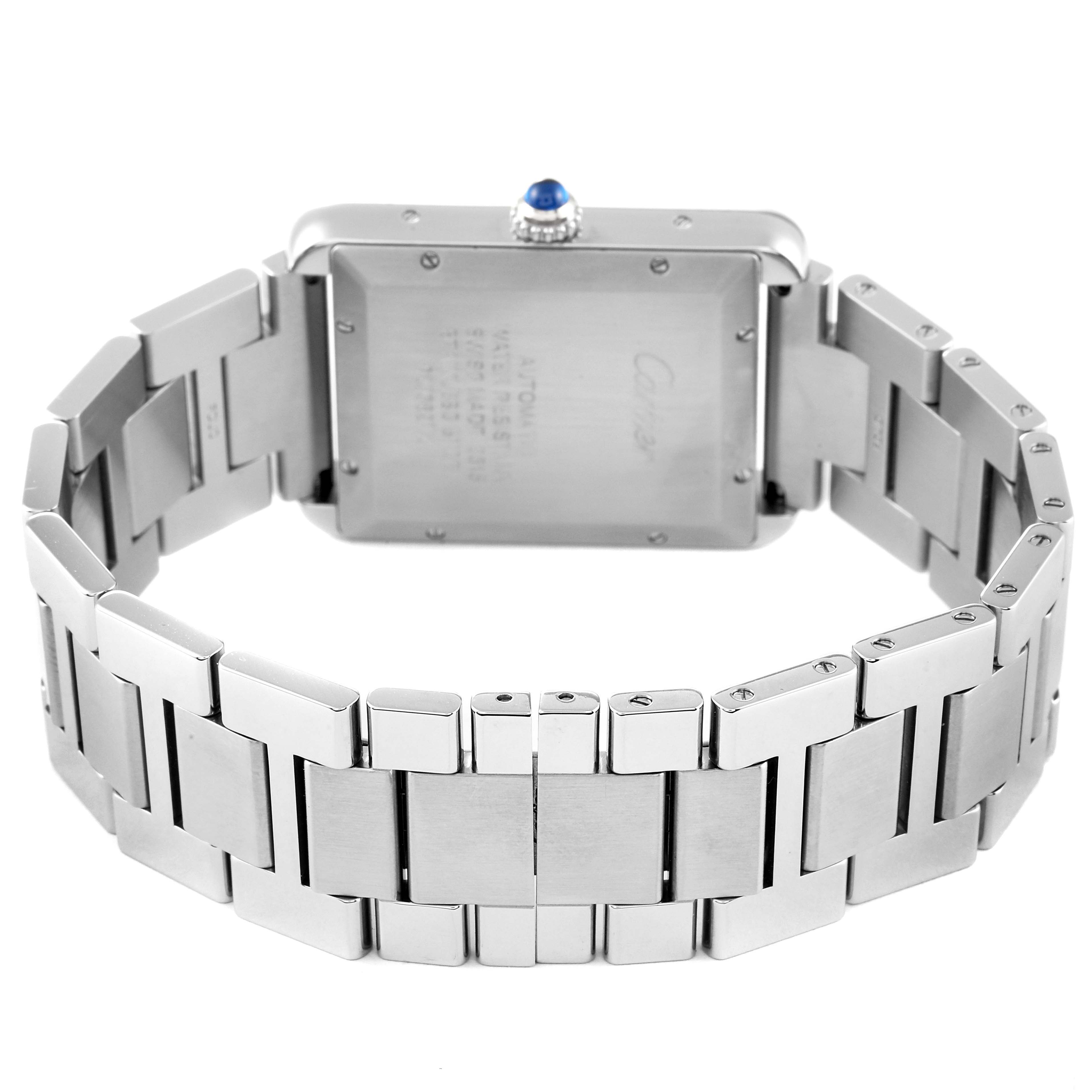 The image shows the back case and metal bracelet of the Cartier Tank Solo W5200028 Men's Stainless Steel Silver Dial W5200028 Men's Stainless Steel Silver Dial watch.