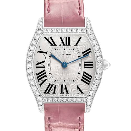 The Cartier Tortue WA501009 Women's White Gold Silver Dial watch is shown from the front, highlighting its diamond bezel, Roman numerals, and pink strap.