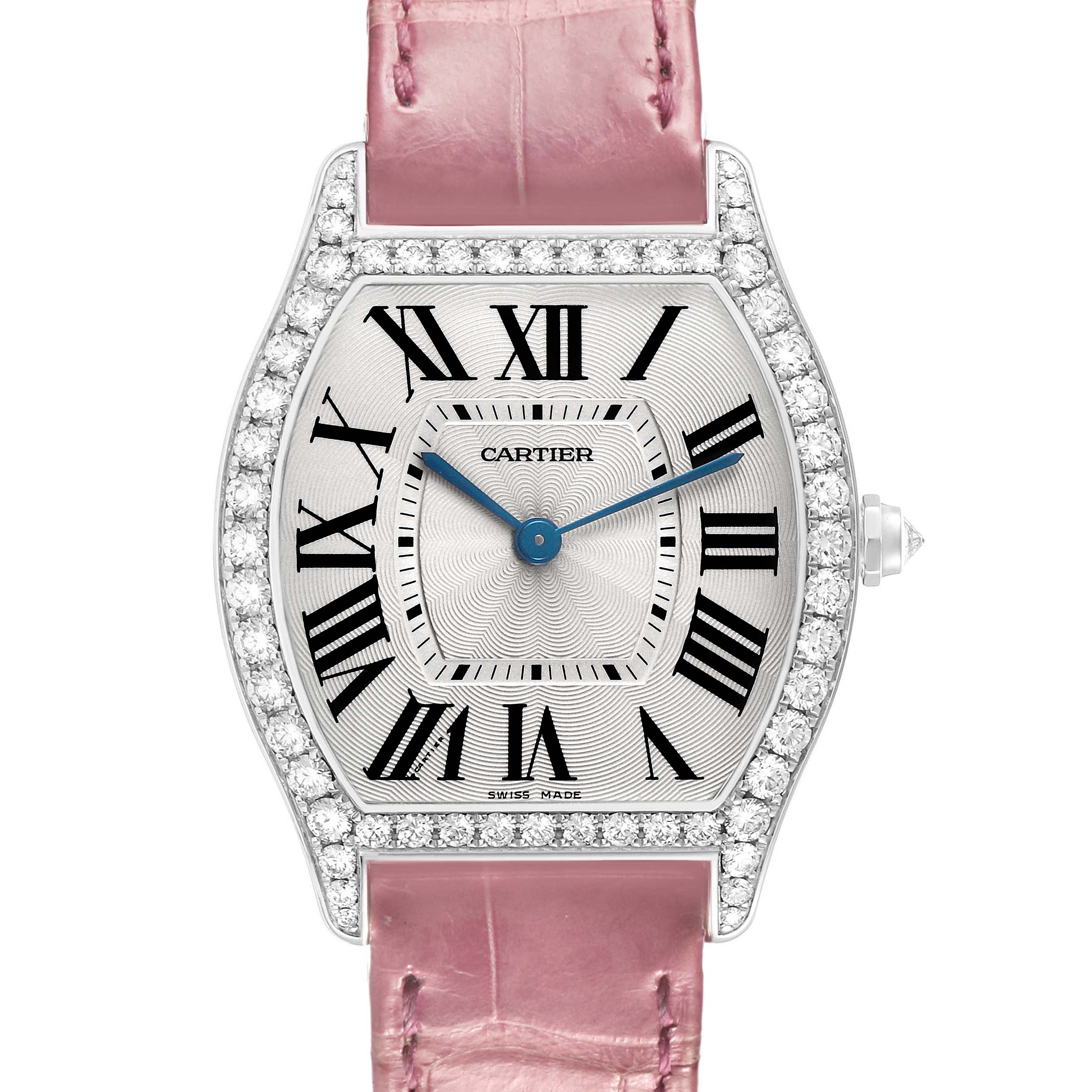 The Cartier Tortue WA501009 Women's White Gold Silver Dial watch is shown from the front, highlighting its pink strap, diamond bezel, and Roman numeral dial.