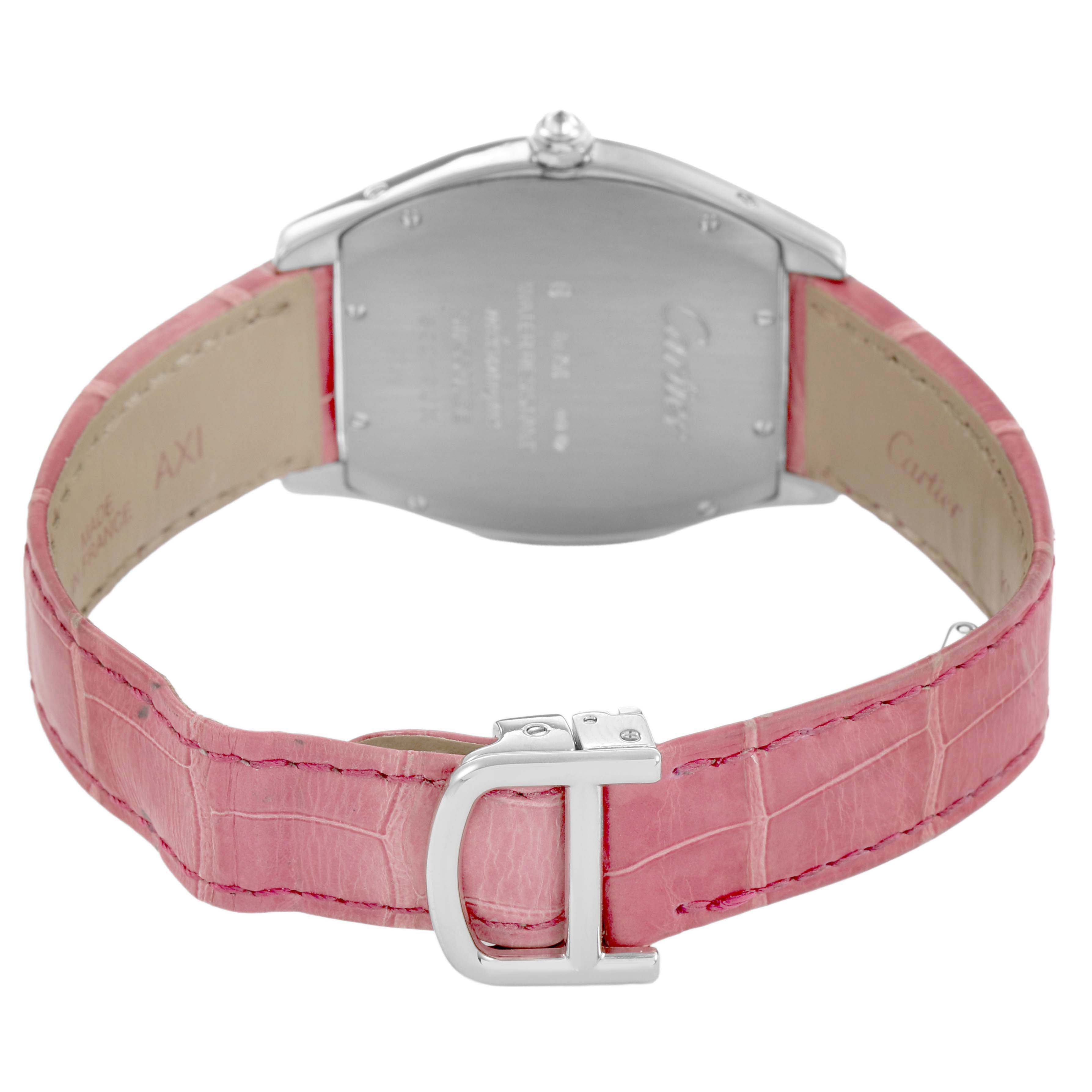 The Cartier Tortue WA501009 Women's White Gold Silver Dial watch is shown from the back, highlighting the pink leather strap and clasp.