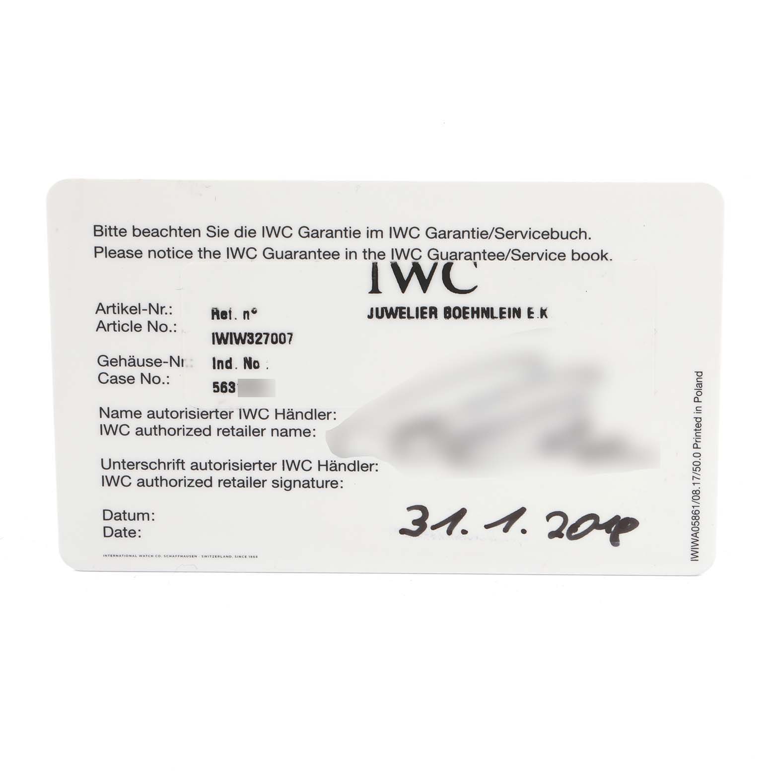 This image shows the guarantee/service card for an IWC Pilot IW327007 Men's Stainless Steel Black Dial IW327007 Men's Stainless Steel Black Dial model watch.