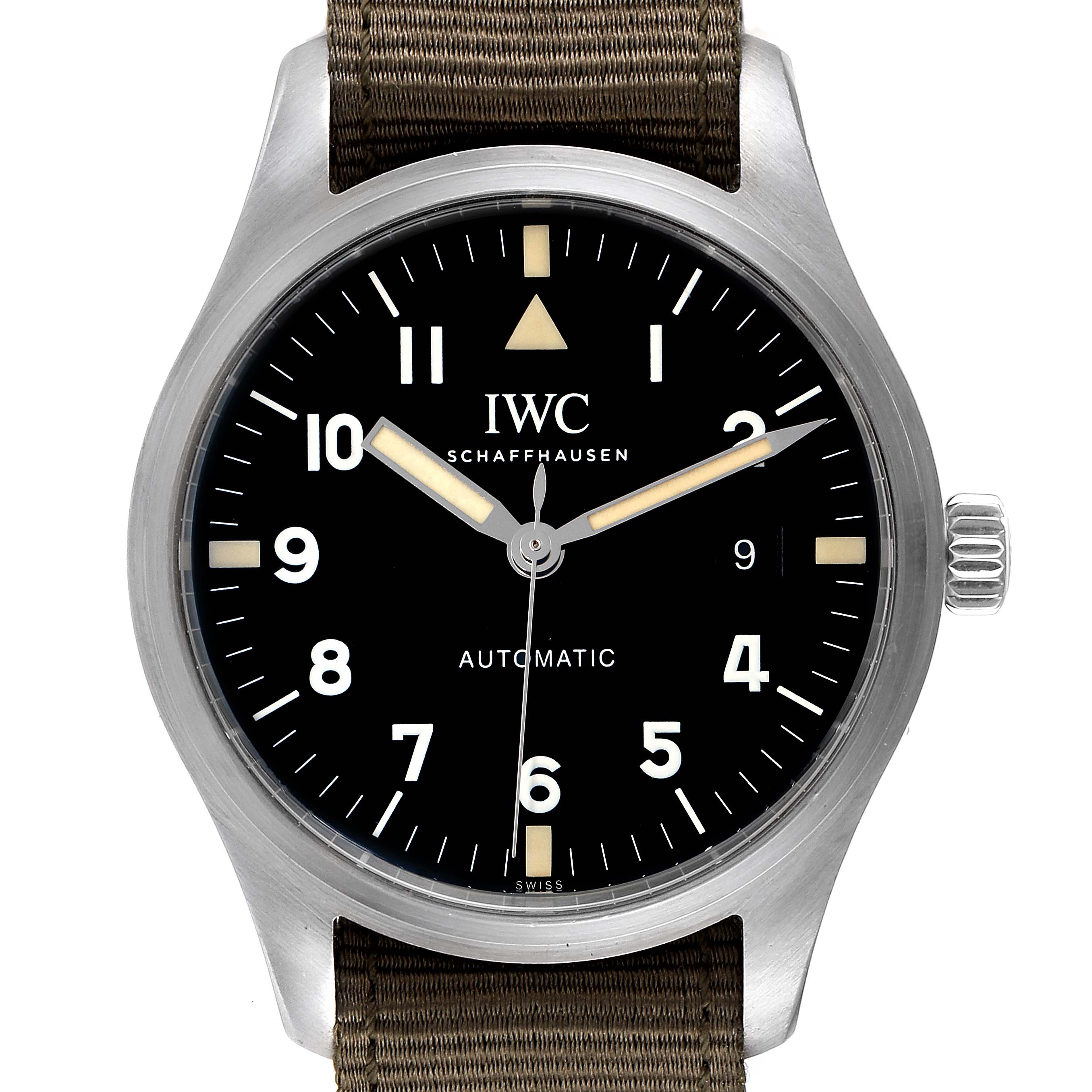 The image shows a front view of the IWC Pilot IW327007 Men's Stainless Steel Black Dial IW327007 Men's Stainless Steel Black Dial model watch, displaying its black dial, white numerals, and brown strap.