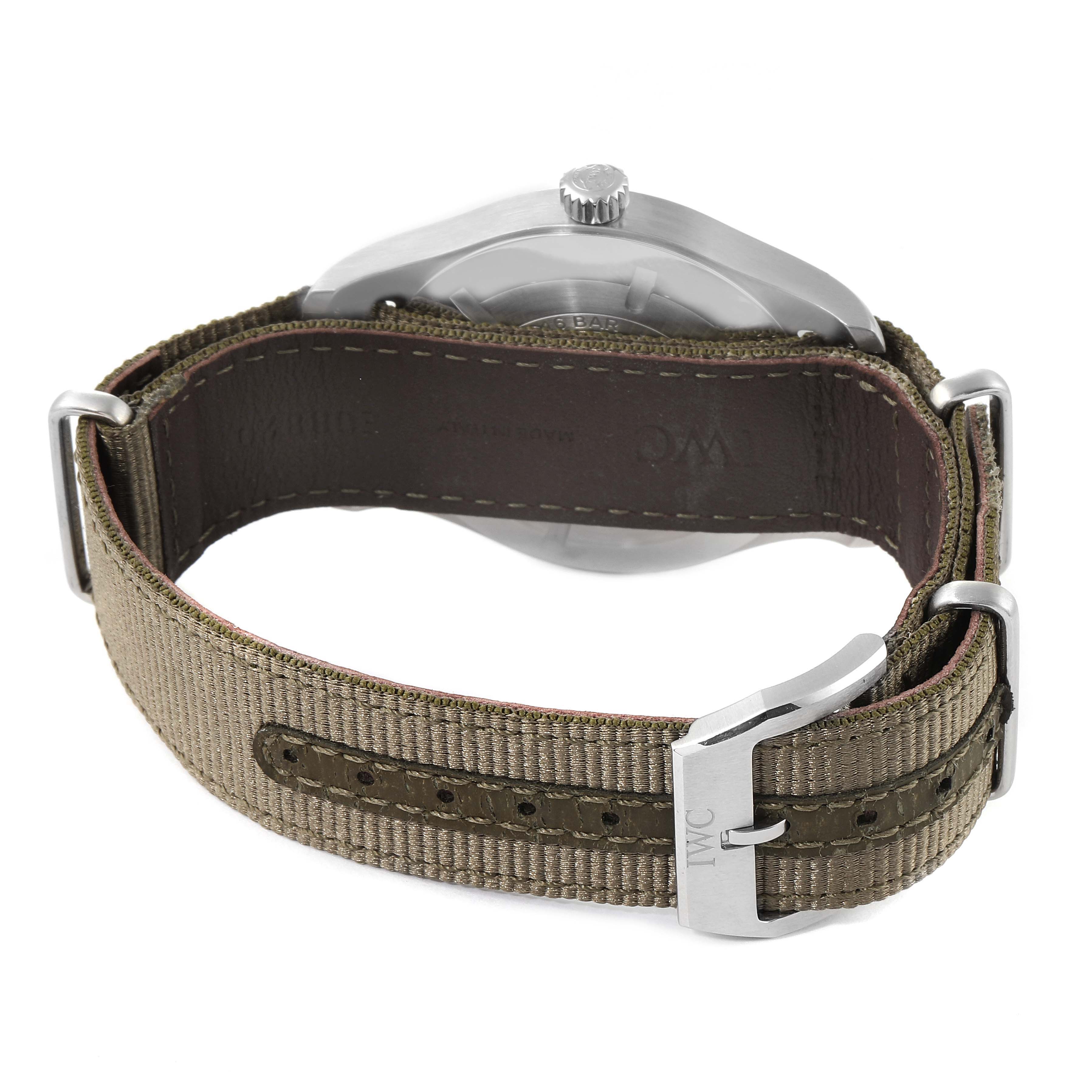 The image shows the back of an IWC Pilot IW327007 Men's Stainless Steel Black Dial IW327007 Men's Stainless Steel Black Dial watch with the strap and clasp visible.