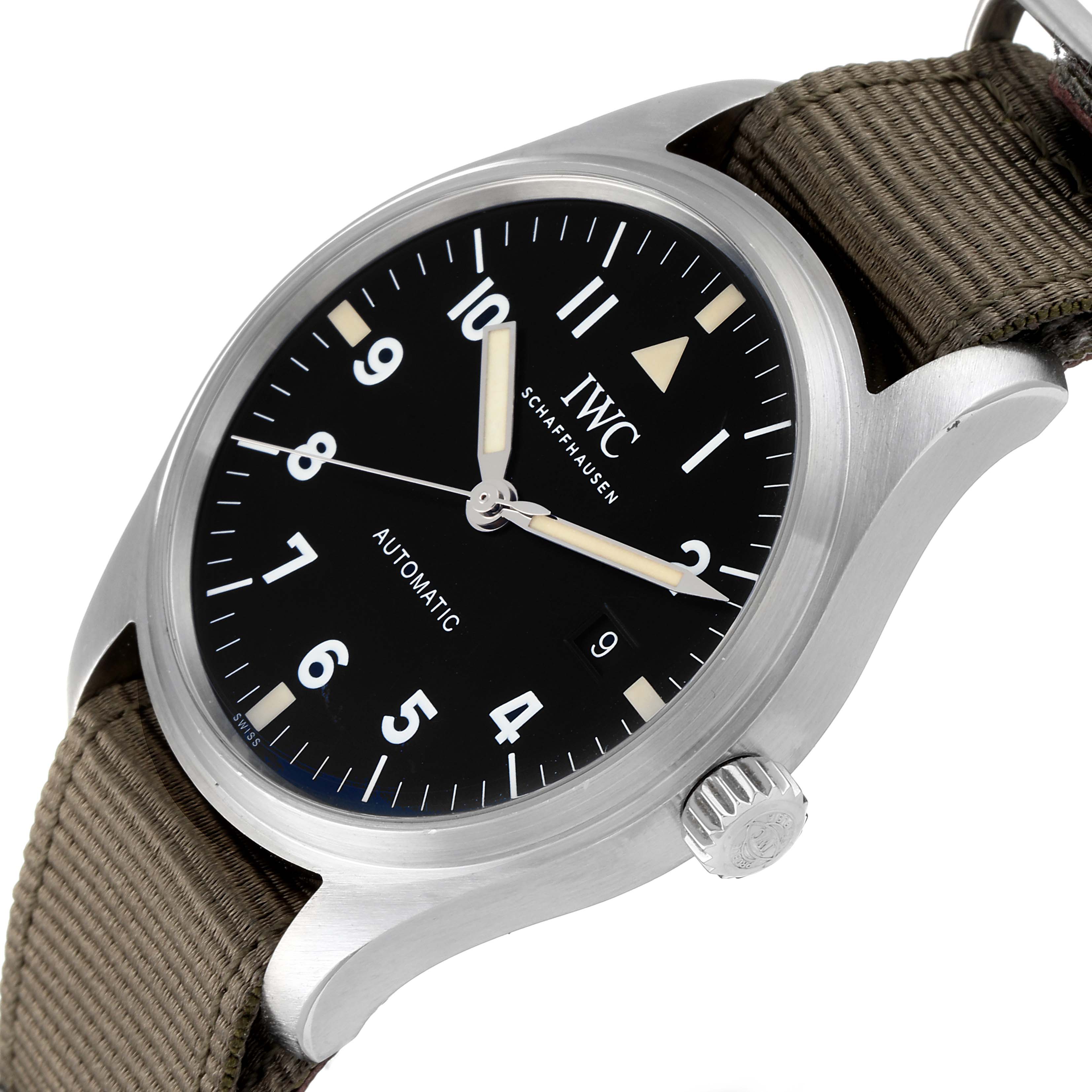 This IWC Pilot IW327007 Men's Stainless Steel Black Dial IW327007 Men's Stainless Steel Black Dial watch is shown at a slight tilt, focusing on the dial, case, and crown with a partially visible strap.