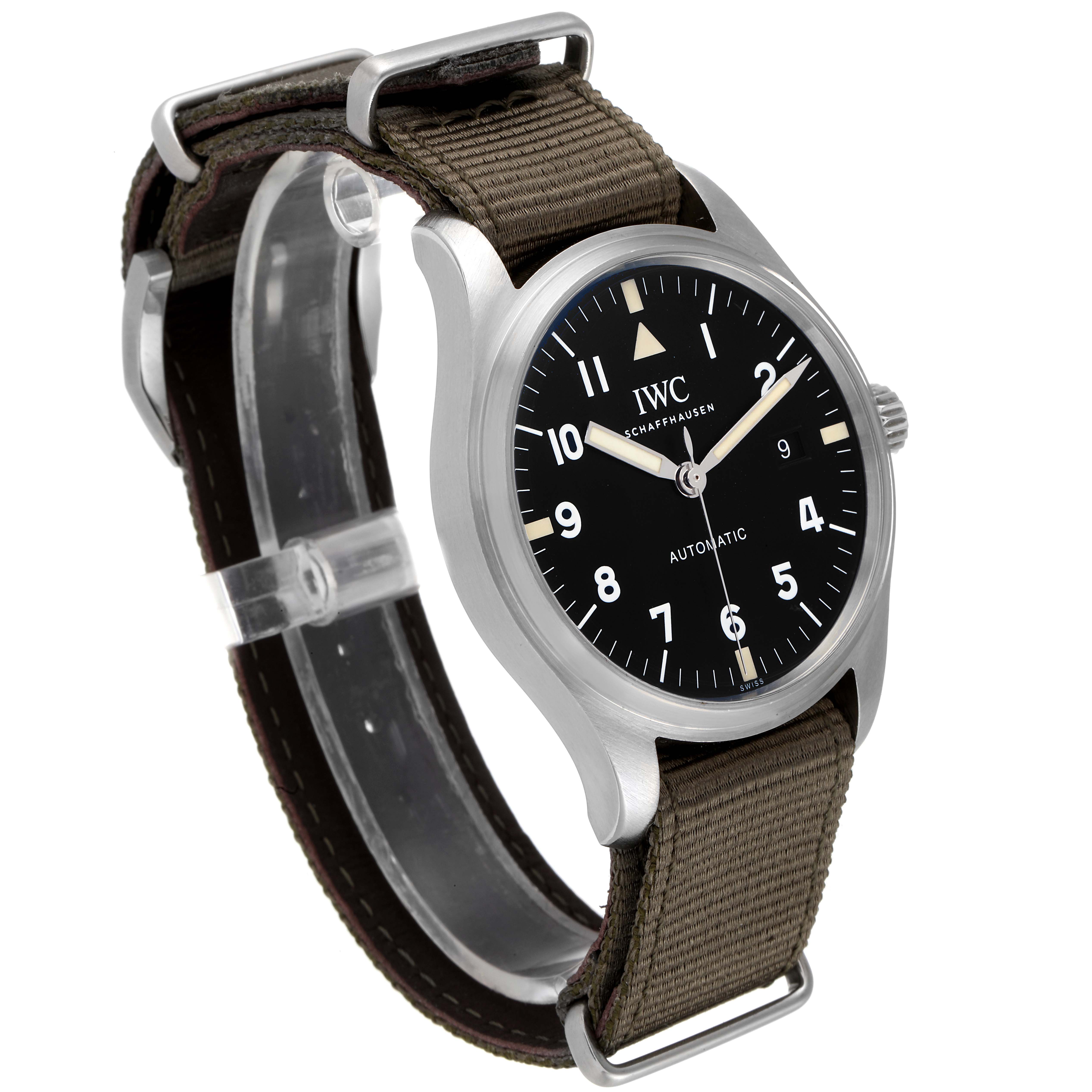 This IWC Pilot IW327007 Men's Stainless Steel Black Dial IW327007 Men's Stainless Steel Black Dial watch is shown at a three-quarter angle, displaying its face, case, and strap.