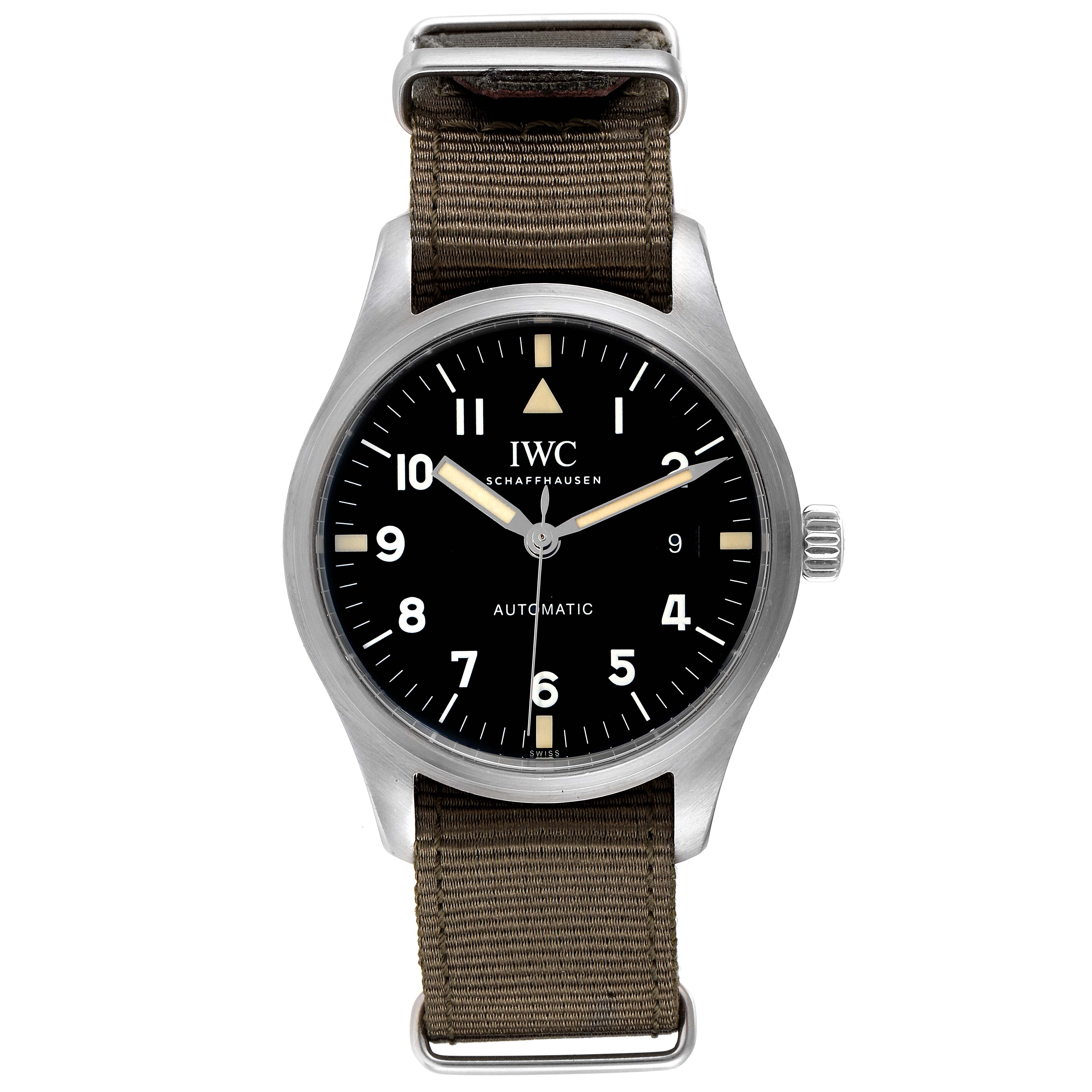 This image shows a front view of the IWC Pilot IW327007 Men's Stainless Steel Black Dial IW327007 Men's Stainless Steel Black Dial model watch, featuring its black dial, silver bezel, and brown strap.
