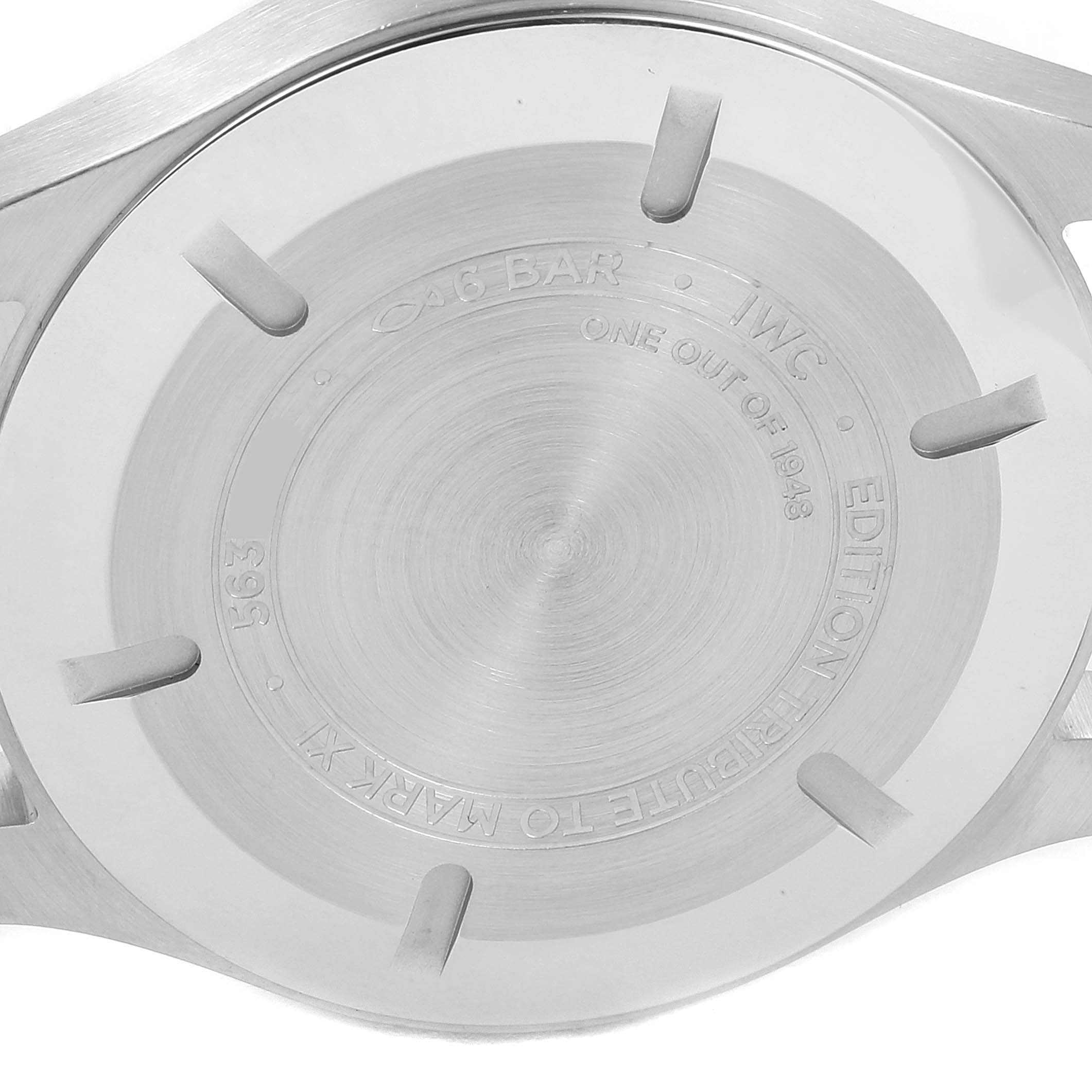 The image shows the back case of the IWC Pilot IW327007 Men's Stainless Steel Black Dial IW327007 Men's Stainless Steel Black Dial Mark XVIII Edition watch, displaying its engravings and markings.