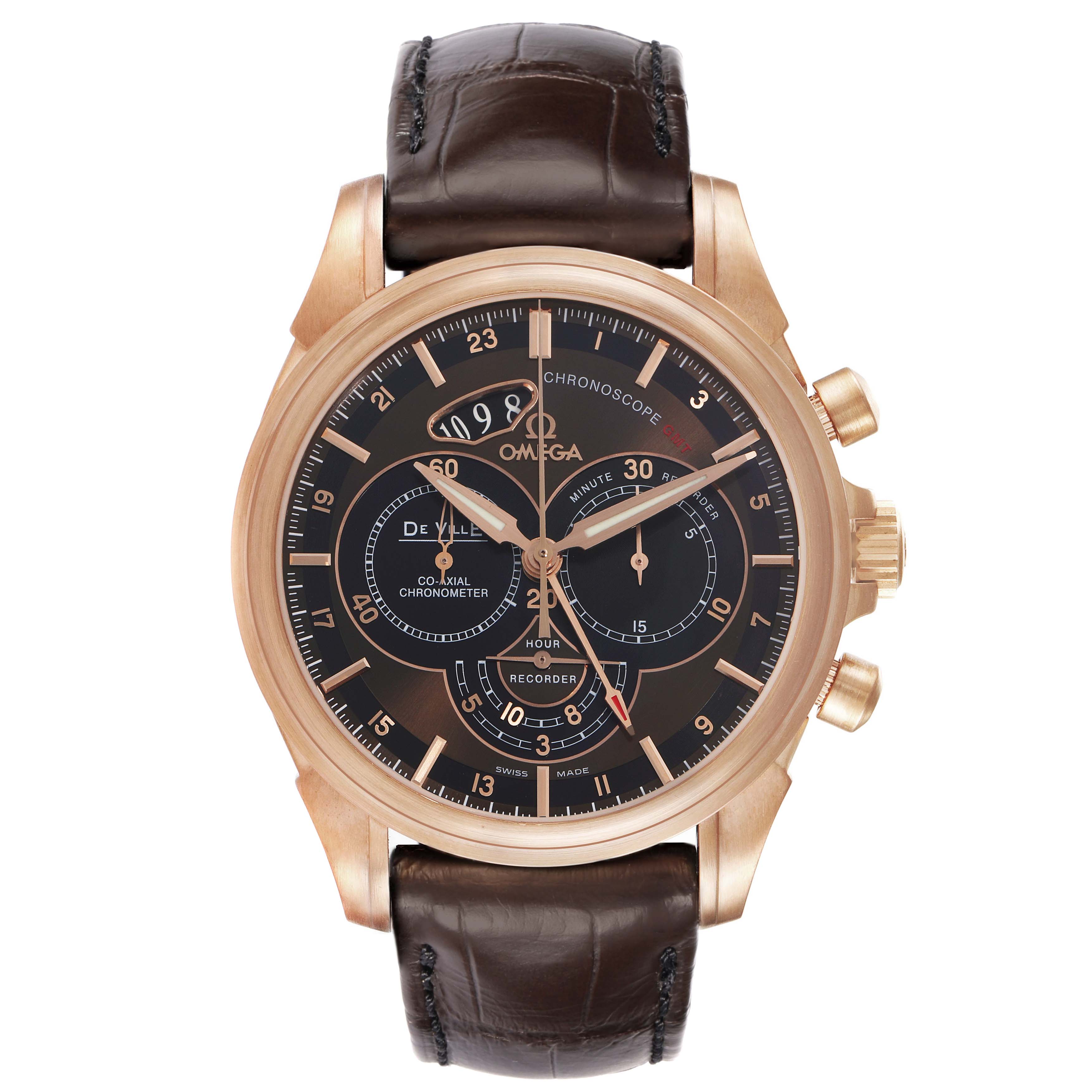 The Omega De Ville 422.53.44.52.13.001 Men's Rose Gold Brown Dial 422.53.44.52.13.001 Men's Rose Gold Brown Dial watch is shown from the front, highlighting the dial, subdials, and crown.