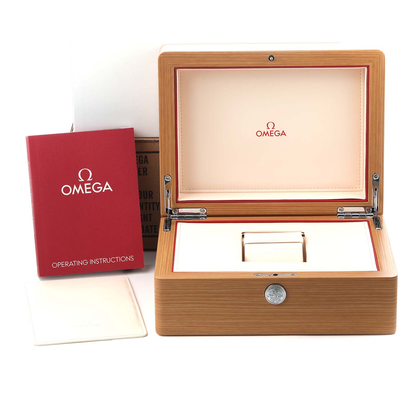 The image shows the Omega De Ville 422.53.44.52.13.001 Men's Rose Gold Brown Dial 422.53.44.52.13.001 Men's Rose Gold Brown Dial watch packaging and accessories, including an open watch box and operating instructions.