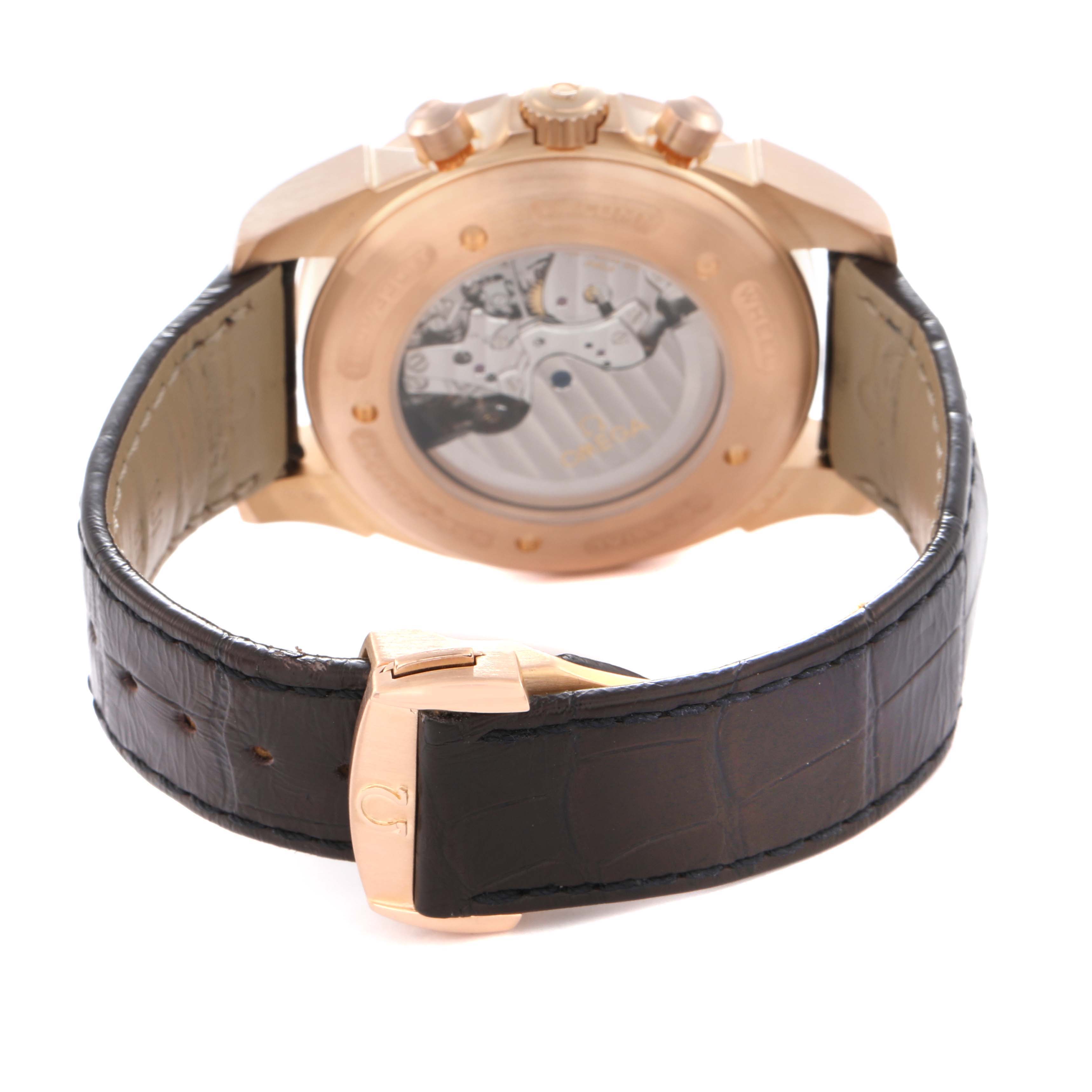 The Omega De Ville 422.53.44.52.13.001 Men's Rose Gold Brown Dial 422.53.44.52.13.001 Men's Rose Gold Brown Dial watch is shown from the back, displaying the transparent case back and part of the leather strap.