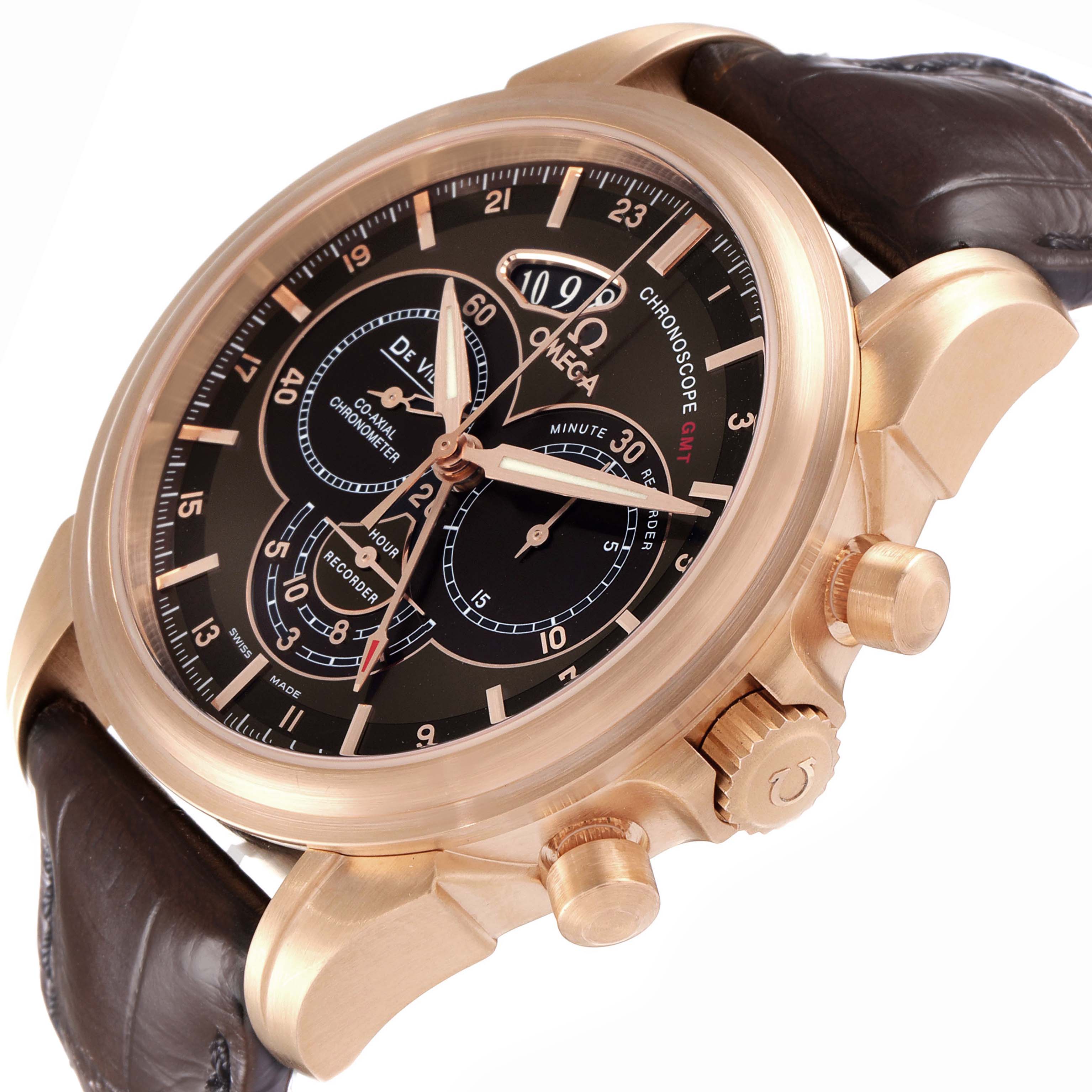 The Omega De Ville 422.53.44.52.13.001 Men's Rose Gold Brown Dial 422.53.44.52.13.001 Men's Rose Gold Brown Dial watch is shown from a side angle, highlighting the face, crown, pushers, and leather strap.