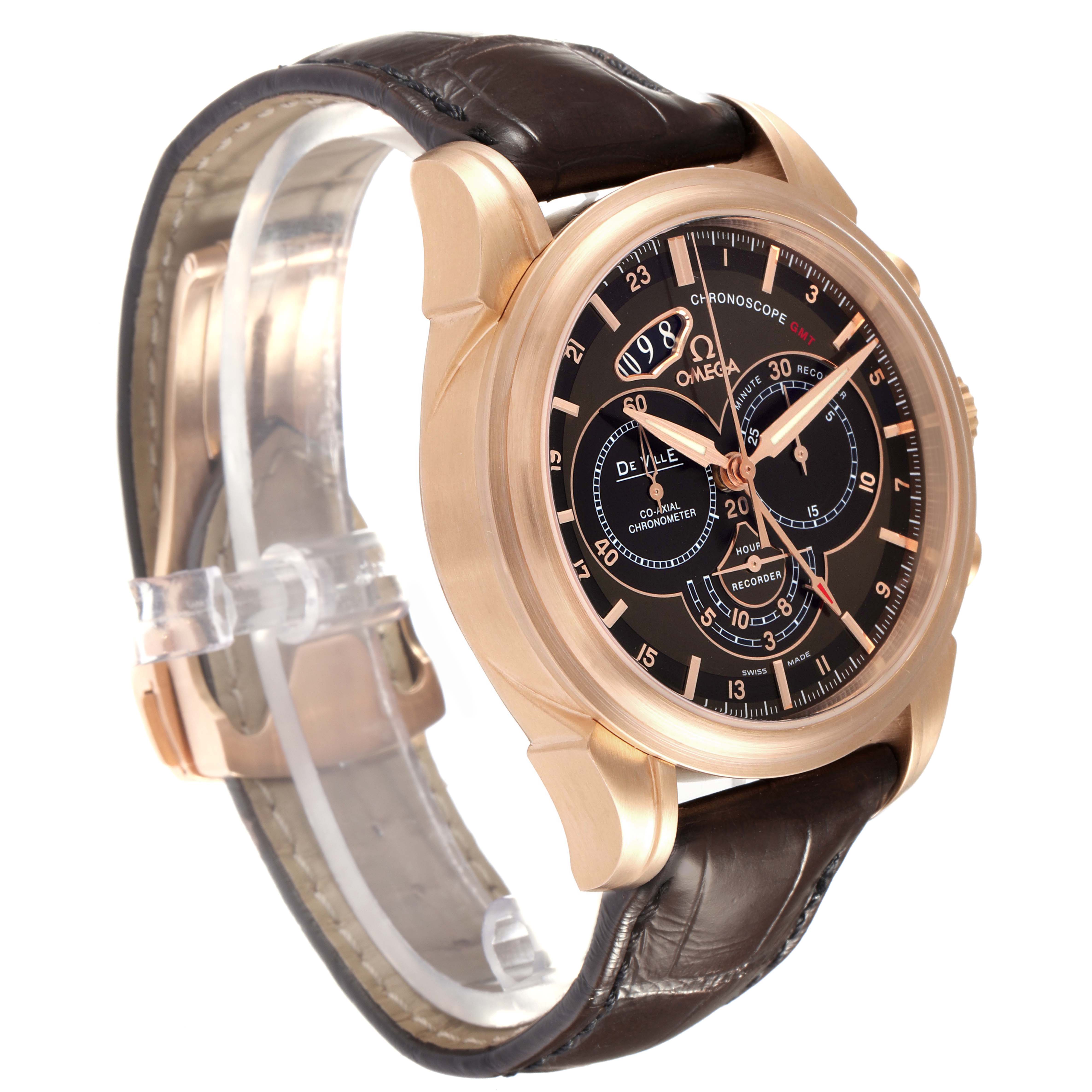 The image shows the Omega De Ville 422.53.44.52.13.001 Men's Rose Gold Brown Dial 422.53.44.52.13.001 Men's Rose Gold Brown Dial watch from a three-quarter angle, highlighting the face, bezel, and leather strap.