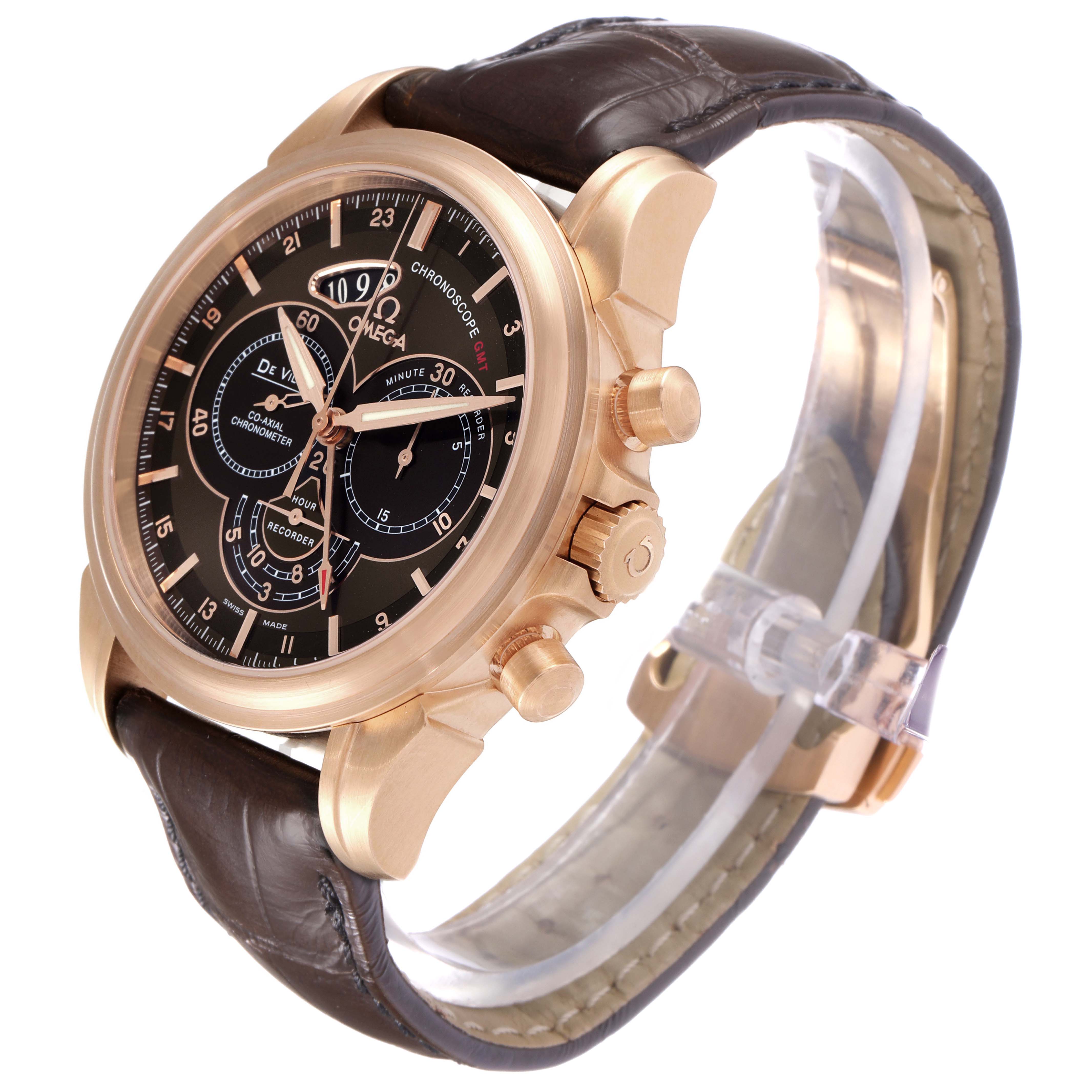 The Omega De Ville 422.53.44.52.13.001 Men's Rose Gold Brown Dial 422.53.44.52.13.001 Men's Rose Gold Brown Dial watch is shown at a slight side angle, highlighting the face, case, pushers, and brown leather strap.