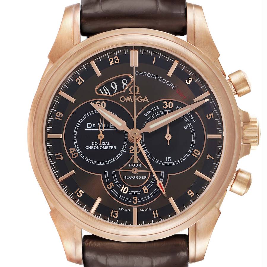 The Omega De Ville watch is shown from the front, highlighting its dial, numerals, subdials, and crown.