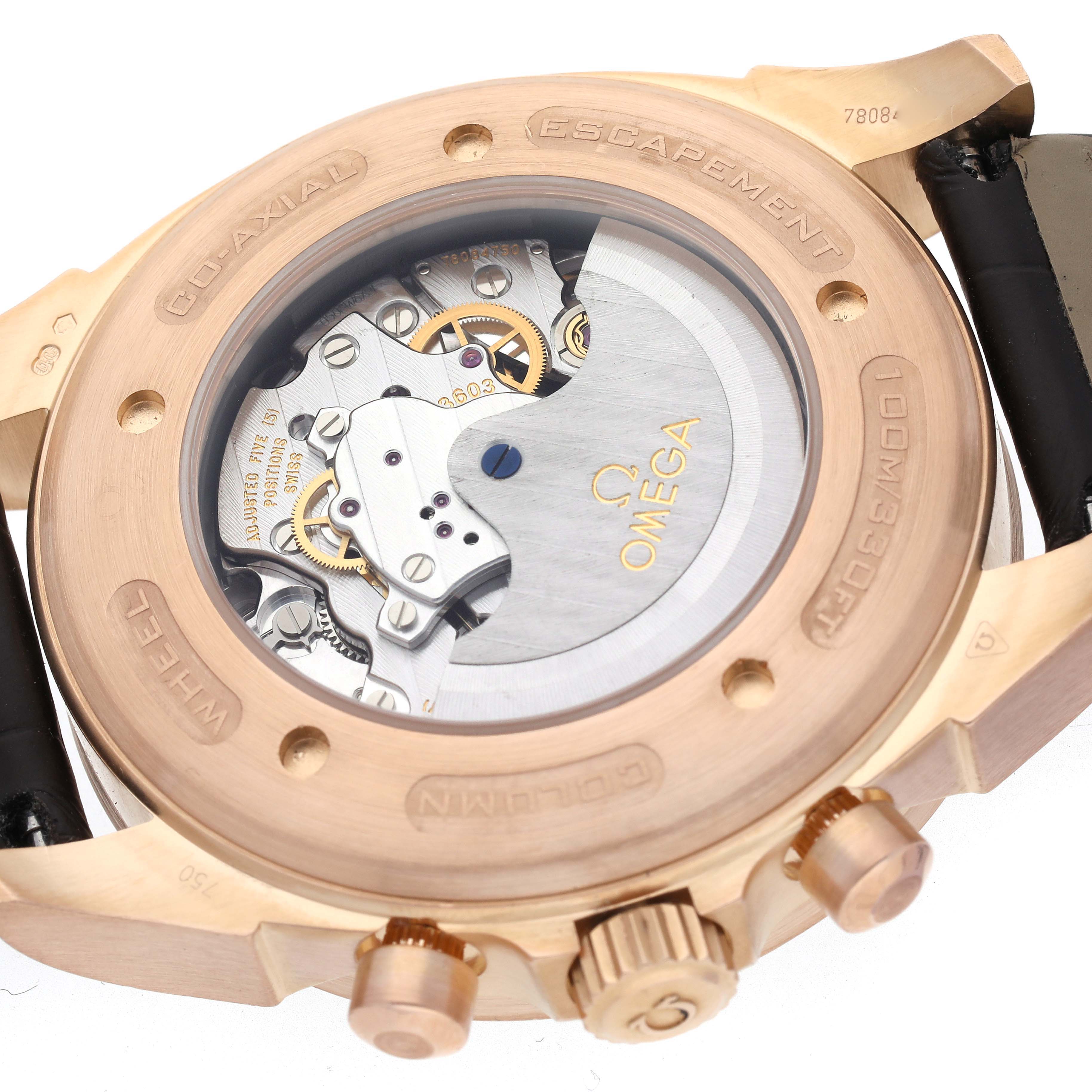 The image shows the back of an Omega De Ville 422.53.44.52.13.001 Men's Rose Gold Brown Dial 422.53.44.52.13.001 Men's Rose Gold Brown Dial watch, revealing its mechanical movement.