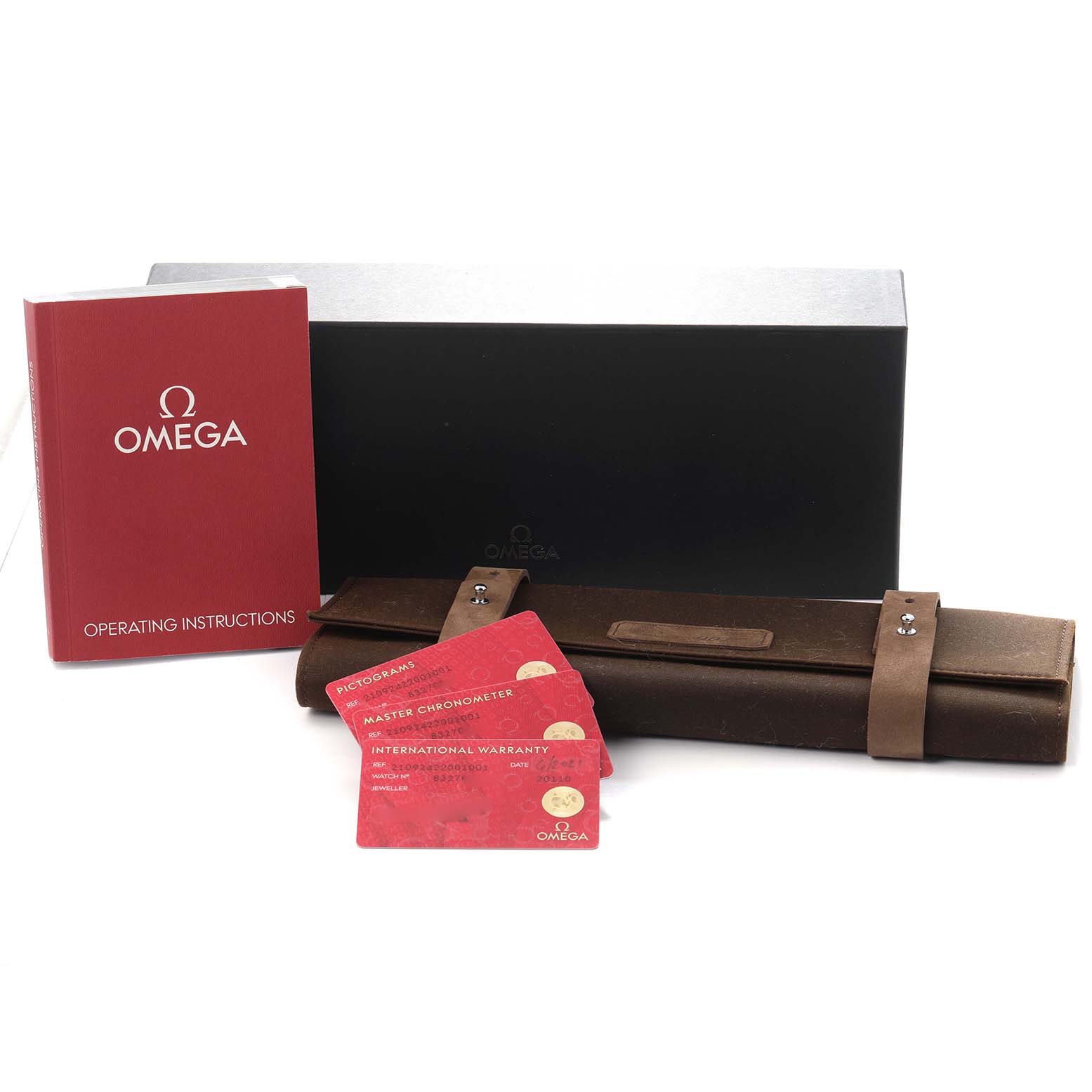 The image shows Omega Seamaster 210.92.42.20.01.001 Men
s Titanium Brown Dial 210.92.42.20.01.001 Men
s Titanium Brown Dial accessories including a box, operating instructions booklet, warranty cards, and a leather case.