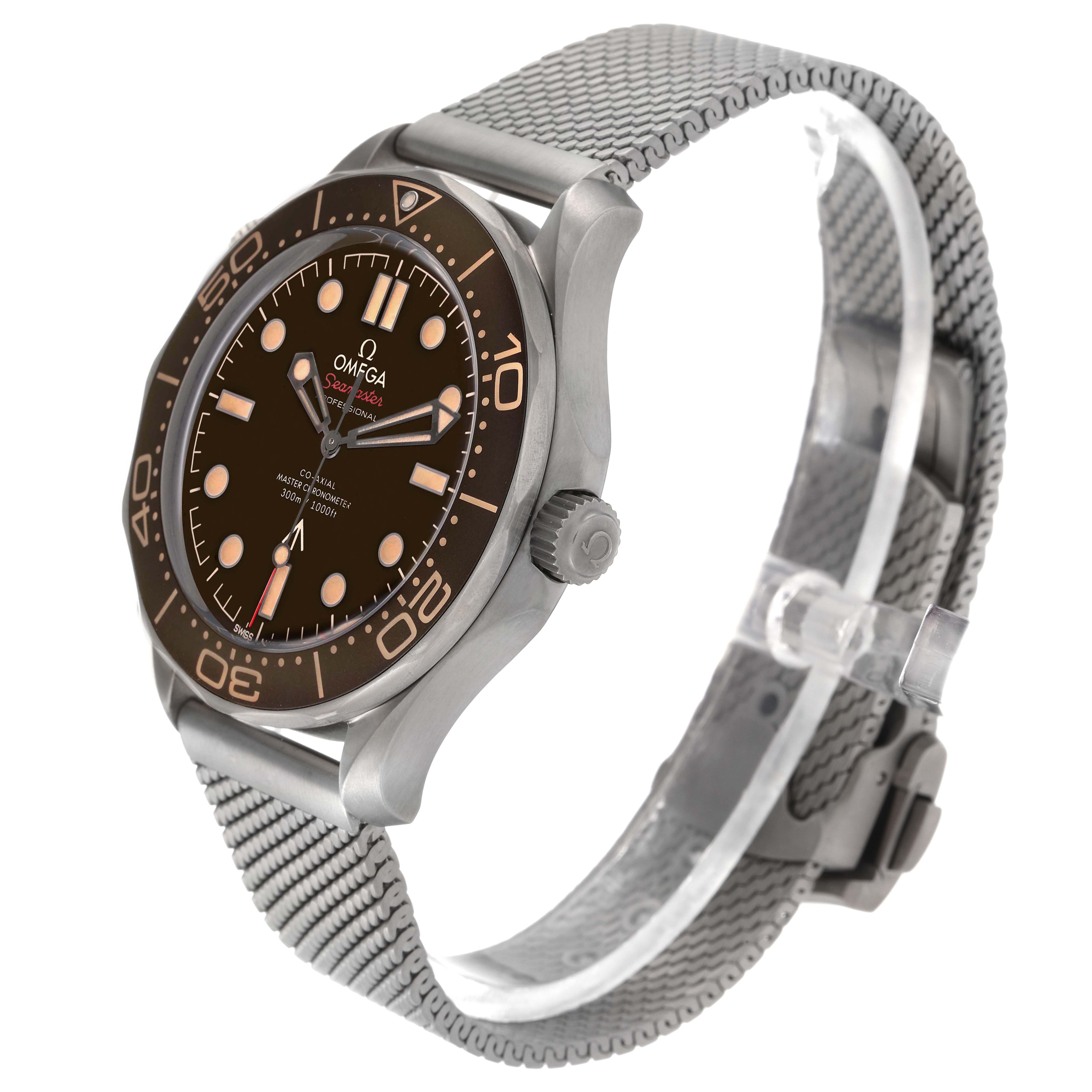 The Omega Seamaster 210.92.42.20.01.001 Men
s Titanium Brown Dial 210.92.42.20.01.001 Men
s Titanium Brown Dial watch is shown at an angled side view, displaying its face, bezel, crown, and strap.