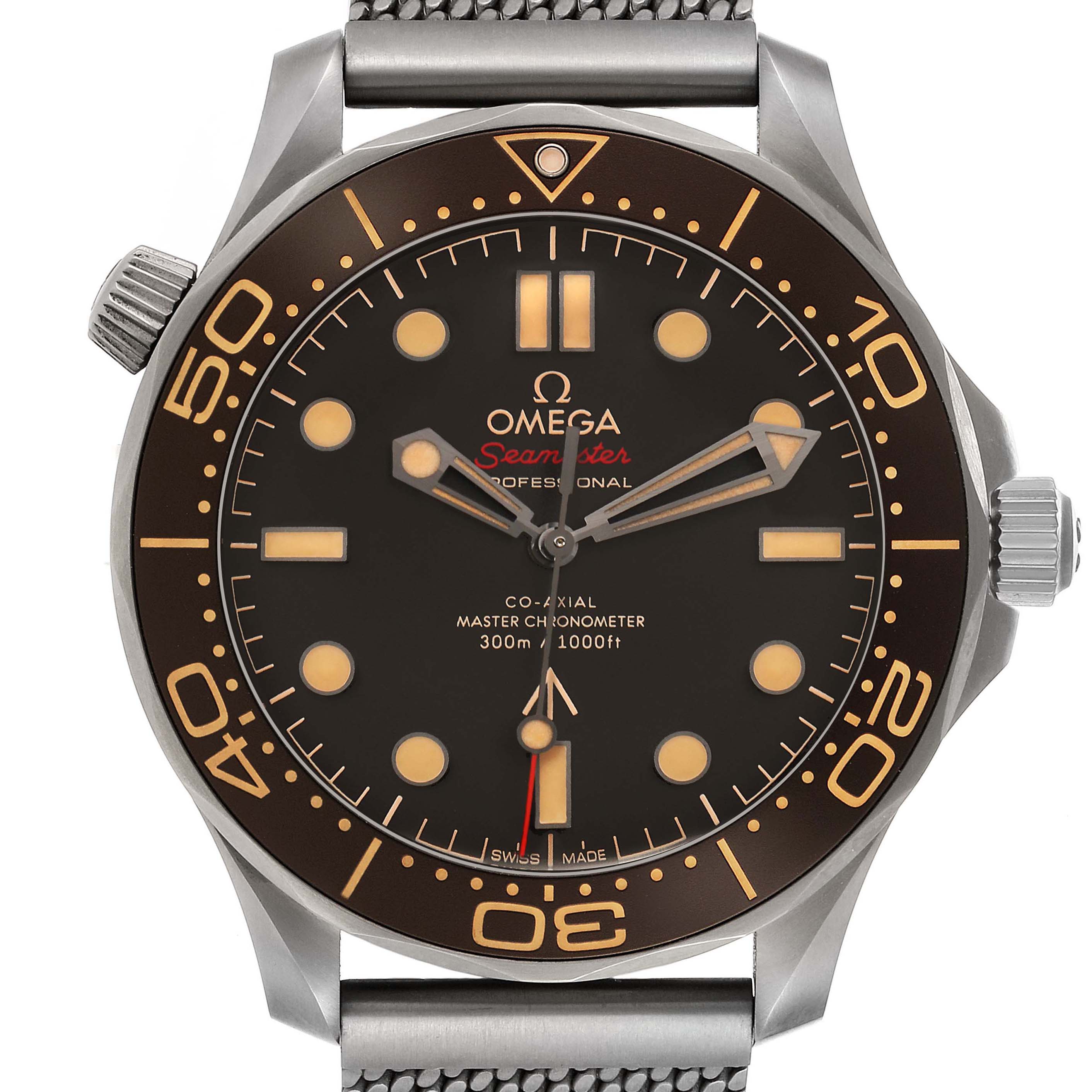 The Omega Seamaster 210.92.42.20.01.001 Men
s Titanium Brown Dial 210.92.42.20.01.001 Men
s Titanium Brown Dial watch is shown from the front, displaying its dial, bezel, hands, and part of the strap.