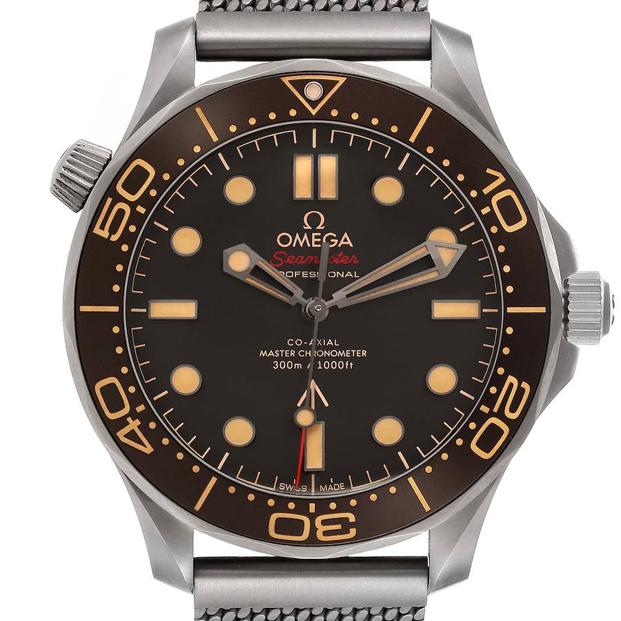 The Omega Seamaster watch is shown from the front, displaying its dial, bezel, hands, and part of the strap.